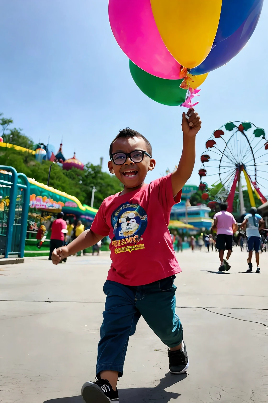 guttonerdreliberate1, (SFW), 3--old , bespectacled, running, amusement park, holding balloons, happy, perfect quality, clear focus, colorful, perfect face, intricate details, ultra-low viewing angle, shallow depth of field, wide-angle lens