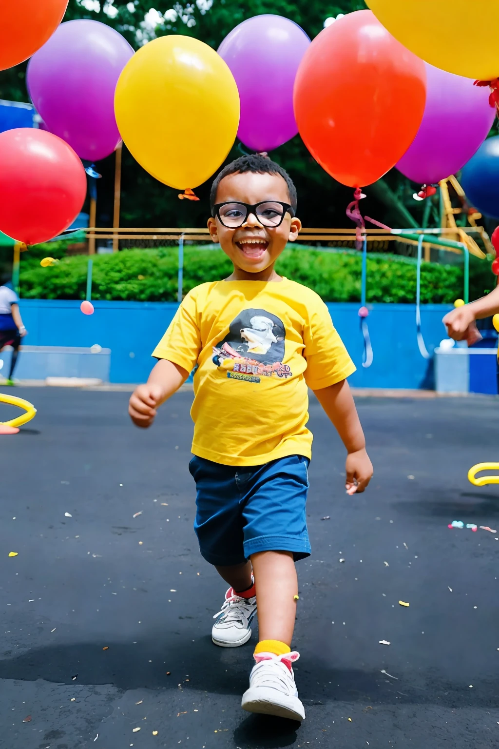 guttonerdreliberate1, (SFW), 3-year-old boy, bespectacled, running, amusement park, holding balloons, happy, perfect quality, clear focus, colorful, perfect face, intricate details, ultra-low viewing angle, shallow depth of field, wide-angle lens
