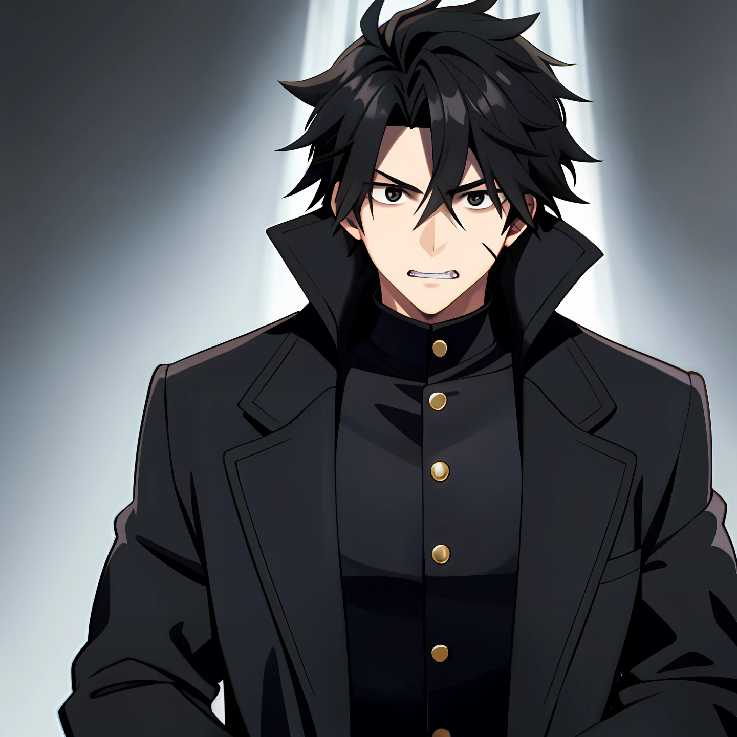 Man, scars face, anime, black overcoat, black eyes, sober,