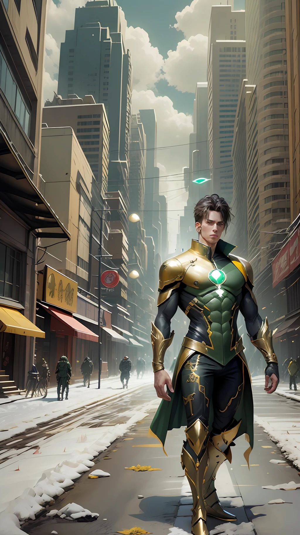 Develop an image of a hero wearing a green and gold costume. The hero must have a noble and powerful appearance, with distinct character traits. The green and gold costume should be modern and futuristic, with technological elements and details that make it unique. The hero must be in a heroic pose, as if he is ready to face any challenge that comes his way. The background scene can be an urban landscape or an imaginary landscape that matches the heroic aura of the character. Feel free to add creative and interesting details to make the hero even more captivating