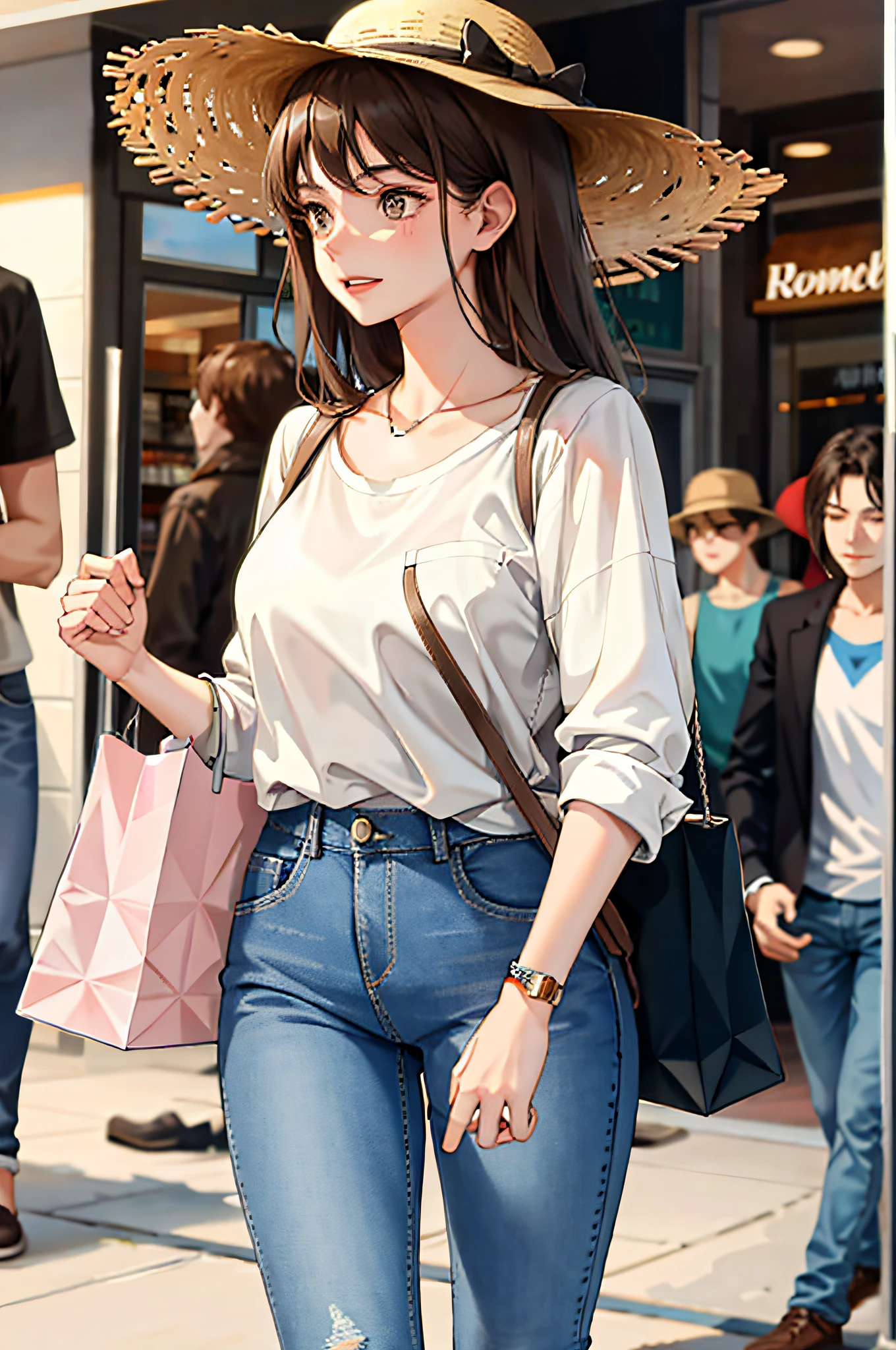 Girl (18 years old), shopping, wearing brown sun hat and jeans