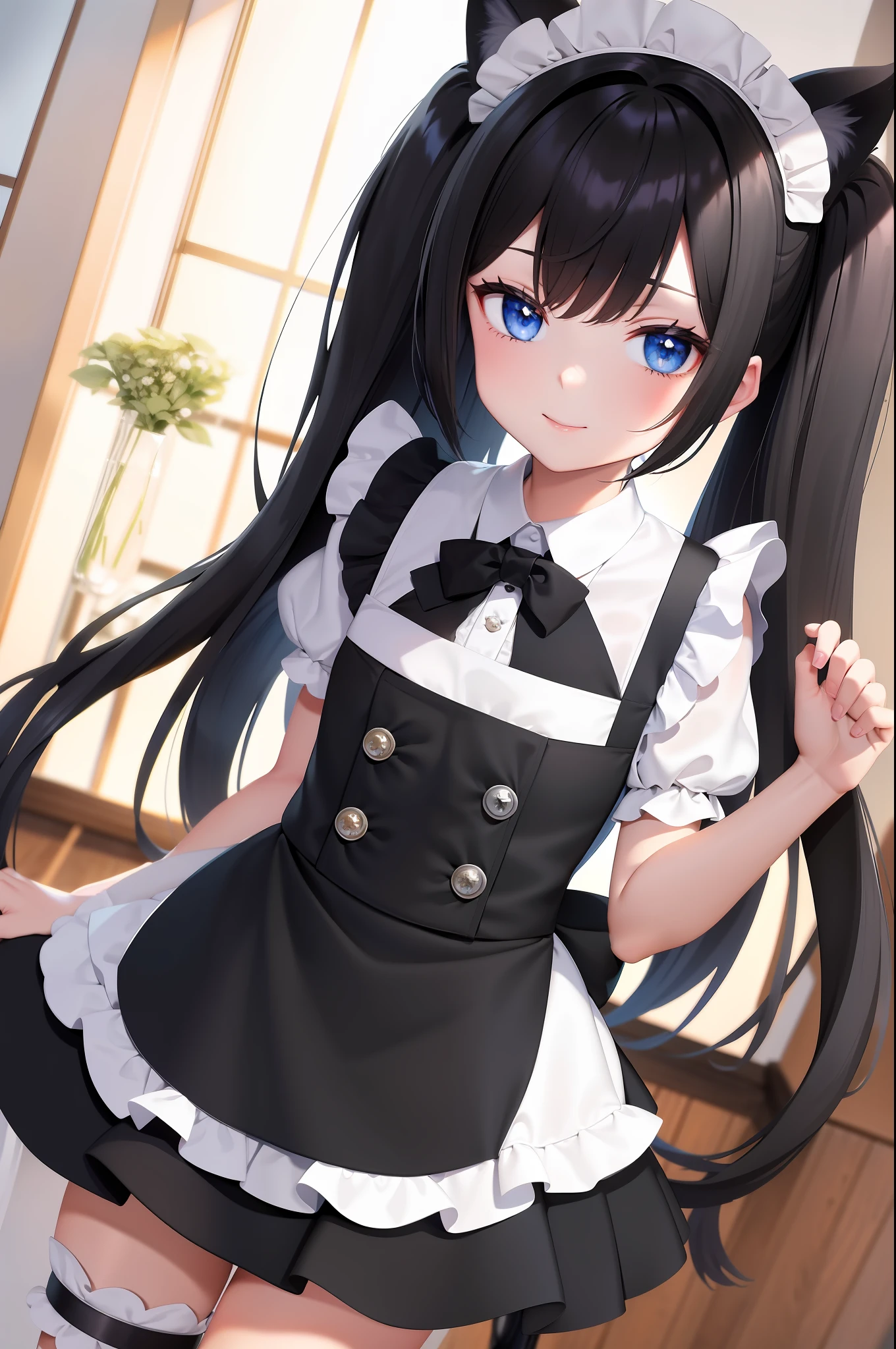 best quality, masterpiece, maid, cute, double tail, black hair, blue eyes,