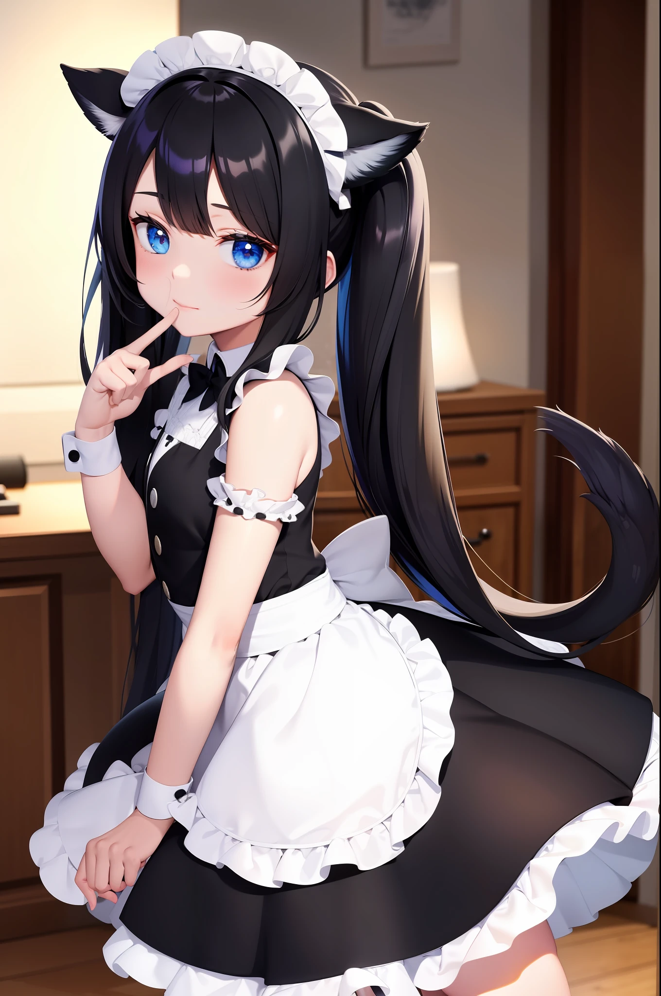 best quality, masterpiece, maid, cute, double tail, black hair, blue eyes,