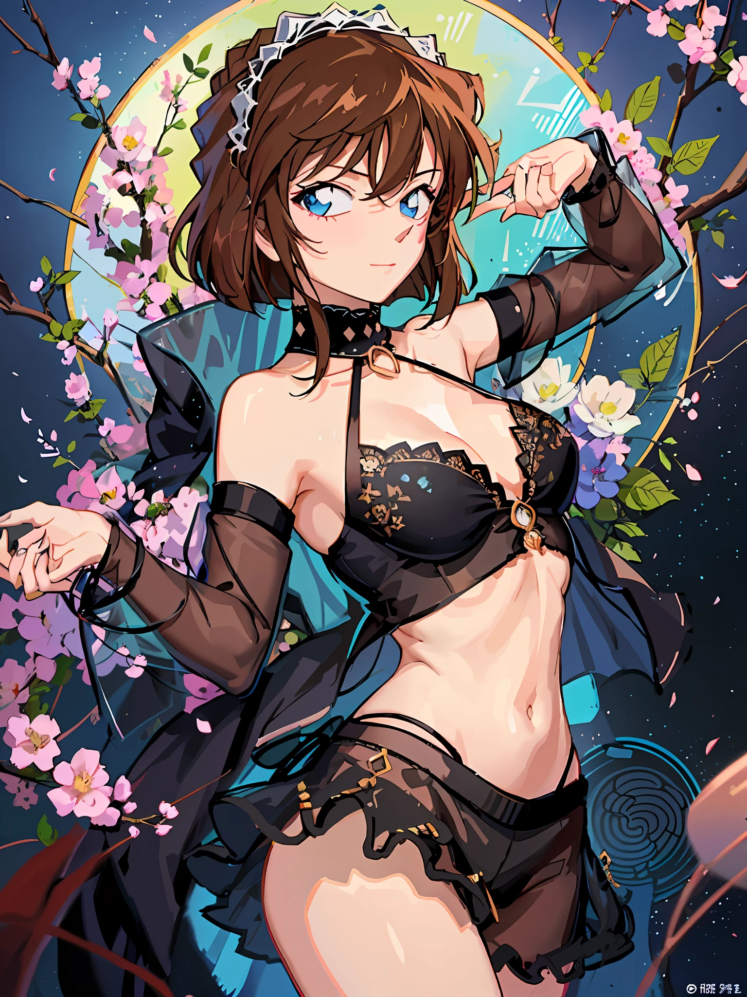 Haibara Ai, Blue Eyes, Brown Hair, 1girl, Sexy Midriff, Slim Waist, Short Ruffled Skirt, Thighs, Arabian Women, Dancer, Avaya, Belly, (Black Veil: 1.5), Smile, Tucked Flared Lace see-through Blouse, Small, Constriction, Adult Woman, 25 Years Old, Shy Face, Flustered, Sweetdrop, cherry, a piece of more-or-less transparent material that covers the face