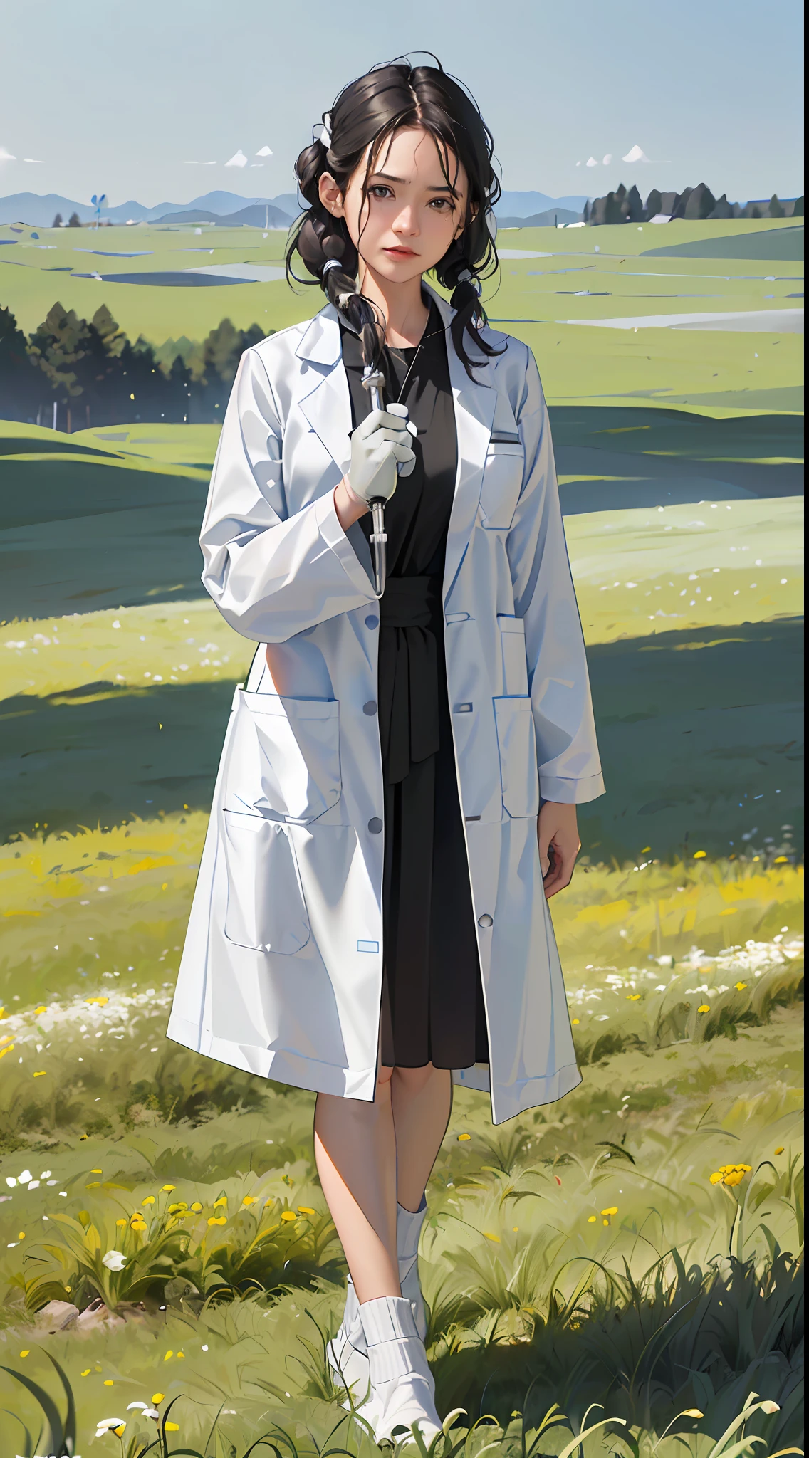 Movie Poster,Solo,(Most Realist:1.5),Highest Resolution,Face Resolution,(((Medium Length Hairstyle: 1.5)),Science Fiction,Sci-Fi,Movie Based Foundation,View from front,Angry,Adult,(39-year-old middle-aged woman : 1.5),Dark black hair,Light gray eyes,(Squint:1.3),(Reference set of white scientists:1.6),(Filed in the middle of an open meadow with a breeze:1.4),Highest quality images