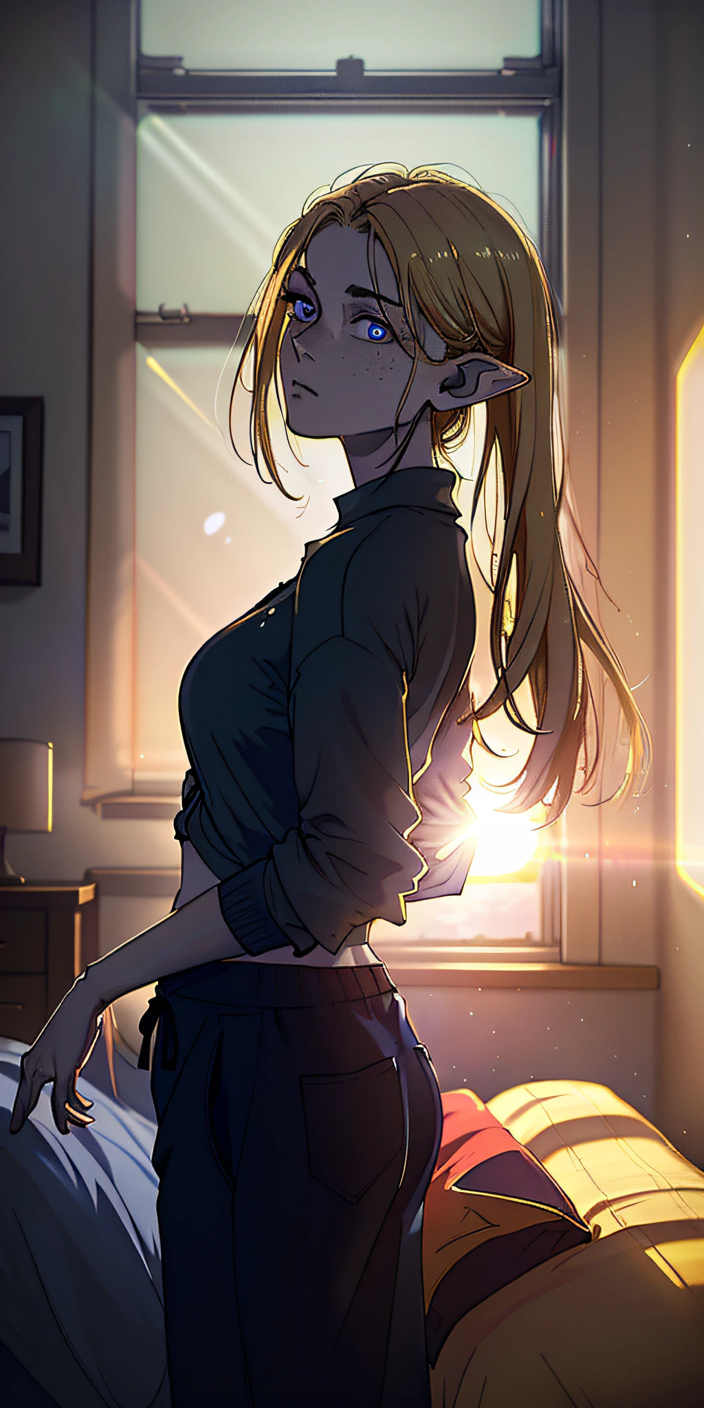 (best quality, masterpiece1.2), (detailed eye:1.2), cardigan,Loose shirt, matte black sweatpants, lying in bed, intricate detail, depth of field, blonde hair(degrade from yellow to red:1.0), Elf ears, black sclera, blue eyes, rage, (breasts:0.5), Purple eyes, 25-year-old girl, athletic, sweat, head tilt, (wide blouse), freckles, (baggy shirt oversized), (backlight:1.5), (muscular: 2.0), (long hair: 1.2), looking at the viewer, sarcastic, socks, from above, tiny hardriff, turned muscular leg, (muscular: 1.8), apartment, bedroom, bed, pov, from side, first-person view