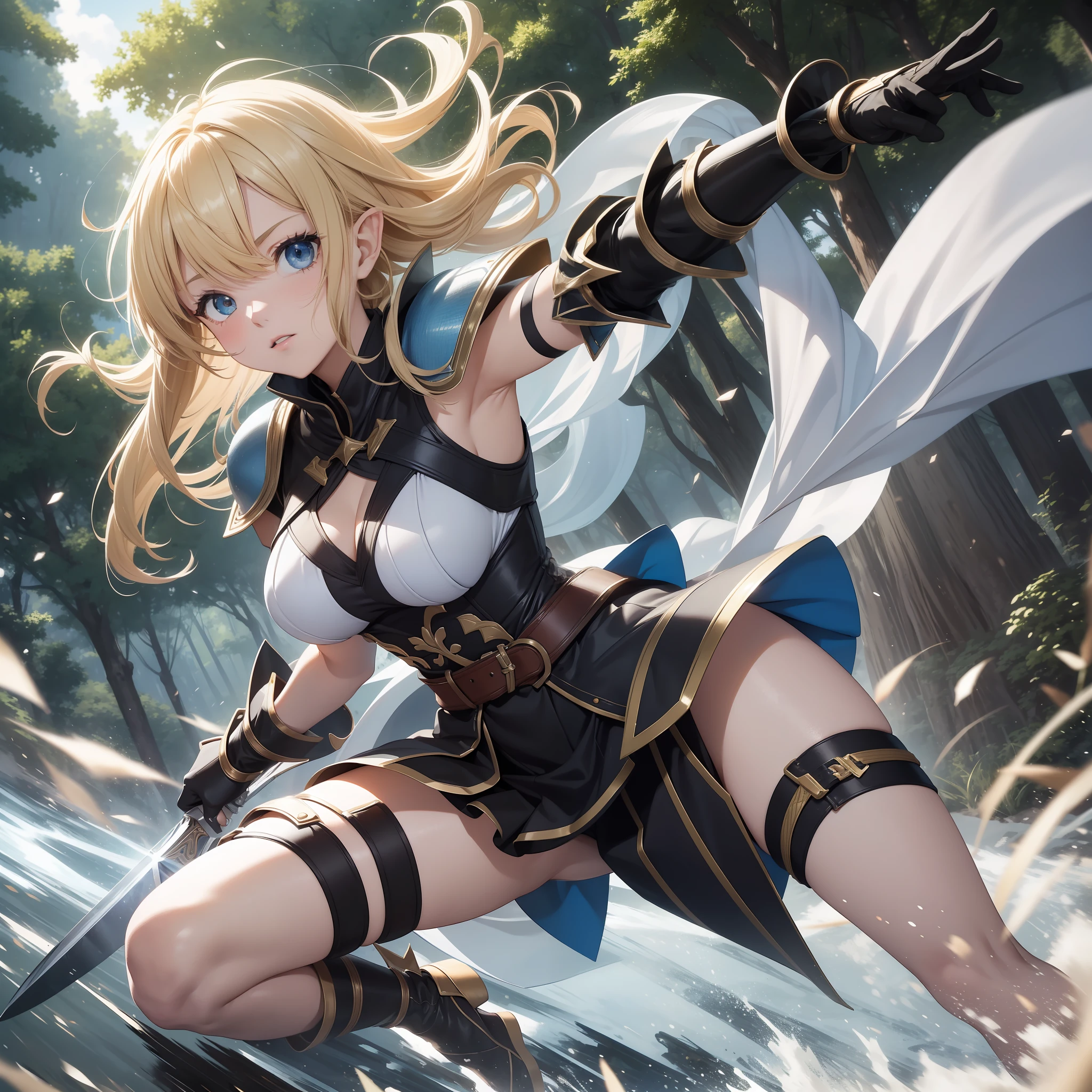 (Best Quality: 1.3), 8K, (Masterpiece: 1.3), Ultra High Definition, One Girl, (Extra Huge Western_sword), (Open Stance), Dynamic Attack Action Pose, Slash, Attack Action, (Speeding) Moving Girl in Sky at High Speed, (Slow Motion:1.3), (motion blur:1.3), (speed lines:1.4), sense of speed, elf, (white armor), (forest), blonde, (full body: 1.4), cute face, medium hair, 18 years old,