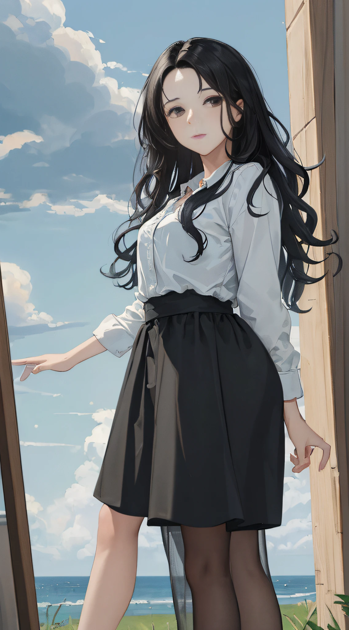 (masterpiece, best quality:1.4), looking at viewer, on_front,
(wavy hair:0.8), black hair, cloudy sky,