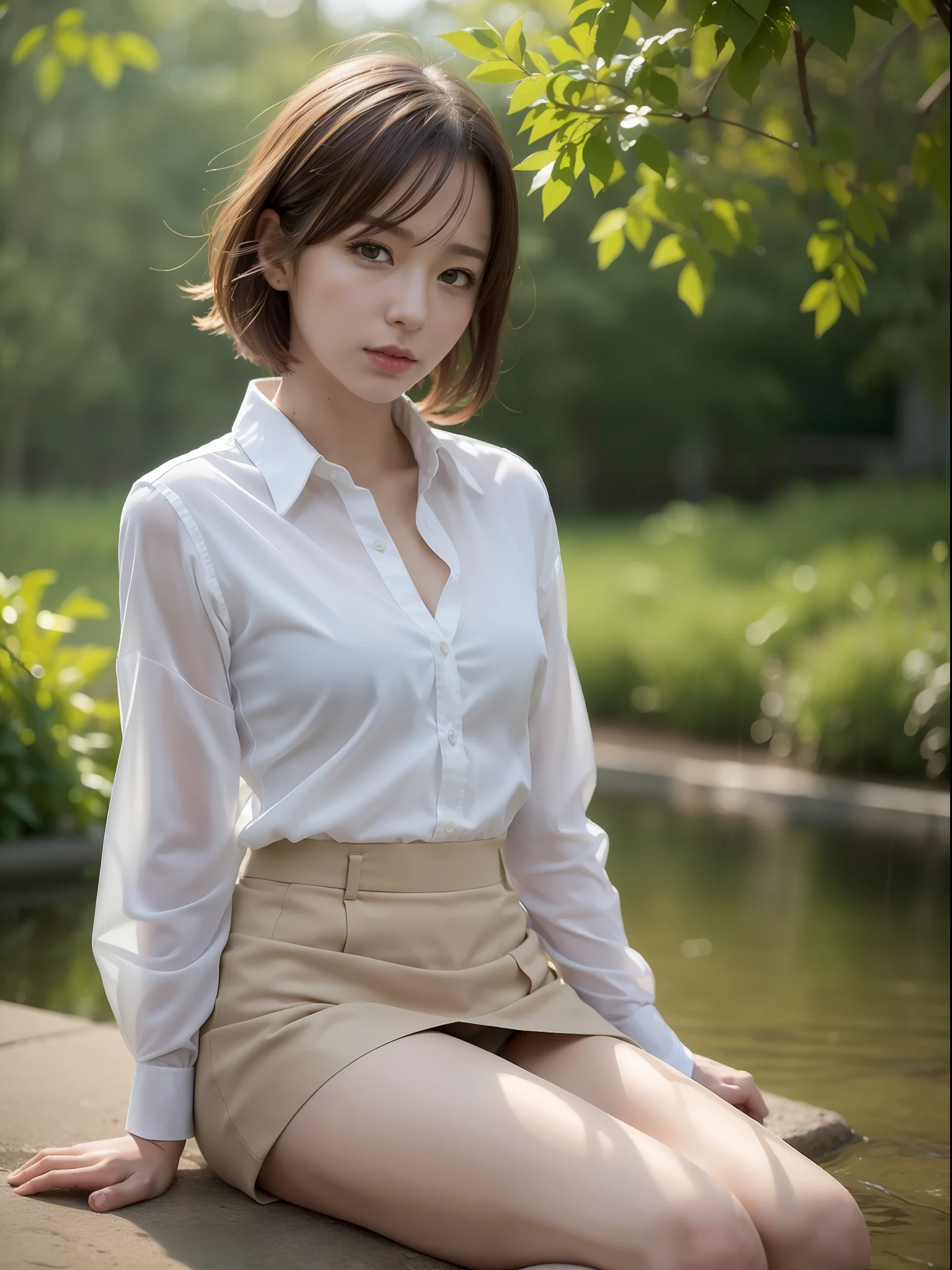 ((Best quality, 8k, Masterpiece: 1.3, raw photo)), Sharp focus: 1.2, (1 AESPA girl: 1.1), (realistic, photo-realistic:1.37), face focus, cute face, kindness, small breasts, flat chest, brunette short messy hair, sitting, business suit skirt, wet white shirt, rainy day, garden, park, sunlight, cinematic lighting