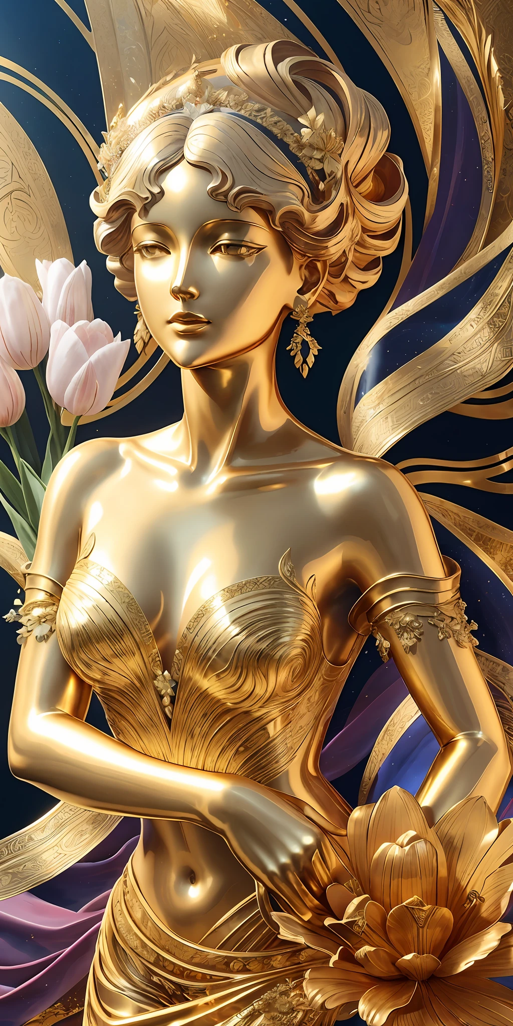 a delicate gilded marble statue of a stunning woman, holding a bouquet of gilded tulips, highly detailed, sublime shapes, fluid colors, color explosion, lavish, intricate fine decorations, anime style, watercolor, perfectly structured, volumetric natural lighting, golden hour, dynamic angle and composition, natural proportions, good anatomy, depth of field, done in Ibis Paint X, 2d illustration,
