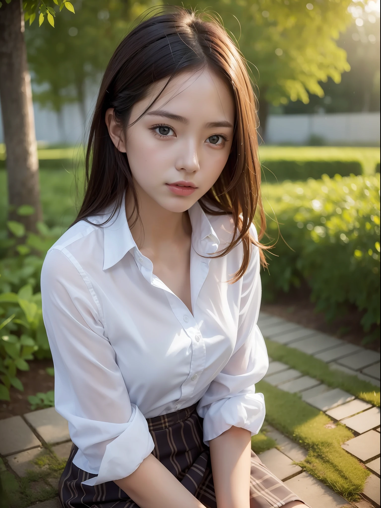 ((Best quality, 8k, Masterpiece: 1.3, raw photo)), Sharp focus: 1.2, (1 AESPA girl: 1.1), (realistic, photo-realistic:1.37), face focus, cute face, kindness, small breasts, flat chest, brunette short messy hair, sitting, business suit skirt, wet white shirt, rainy day, garden, park, sunlight, cinematic lighting