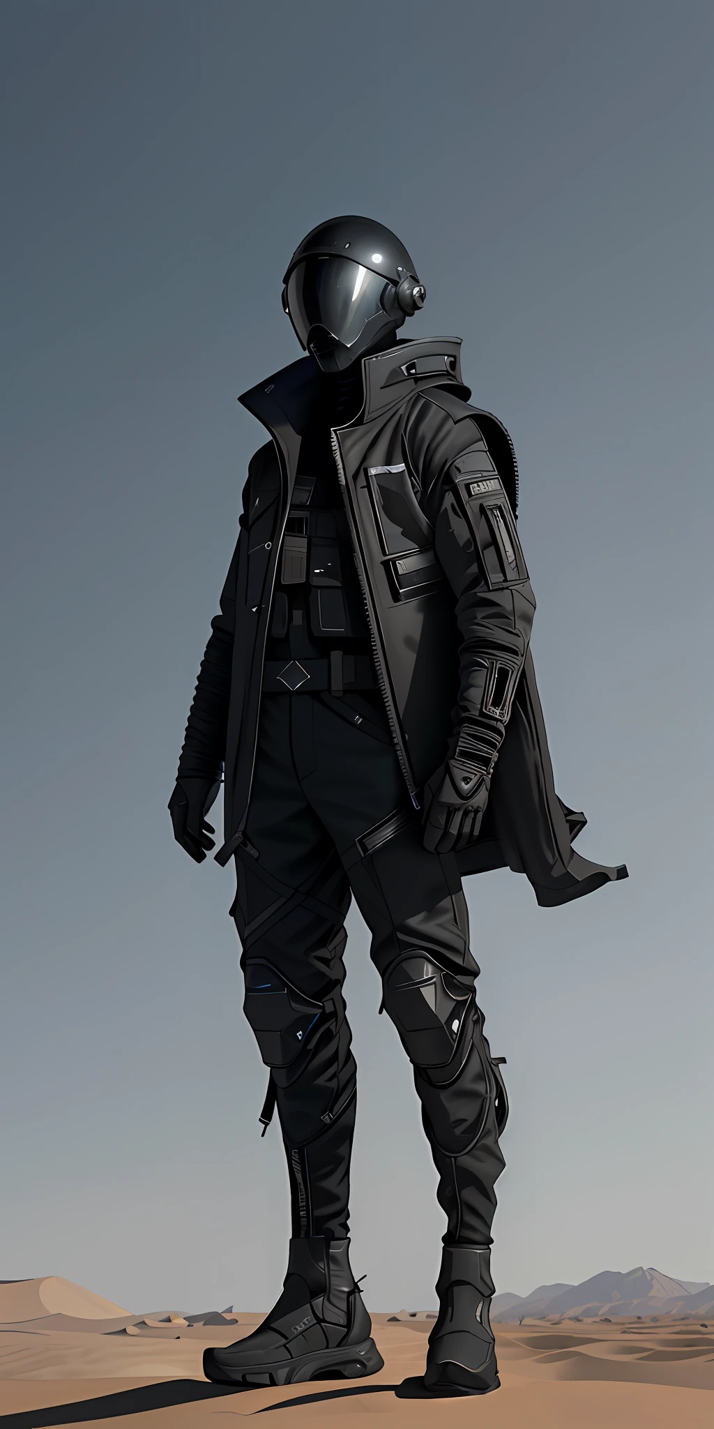 there is a man in a helmet and a coat standing in the desert, techwear look and clothes, wearing space techwear, future techwear, model is wearing techtical vest, techwear clothes, futuristic techwear, techwear fashion, techwear, wearing techwear and armor, focus on anti-g flight suit, wearing urban techwear, wojtek fus
