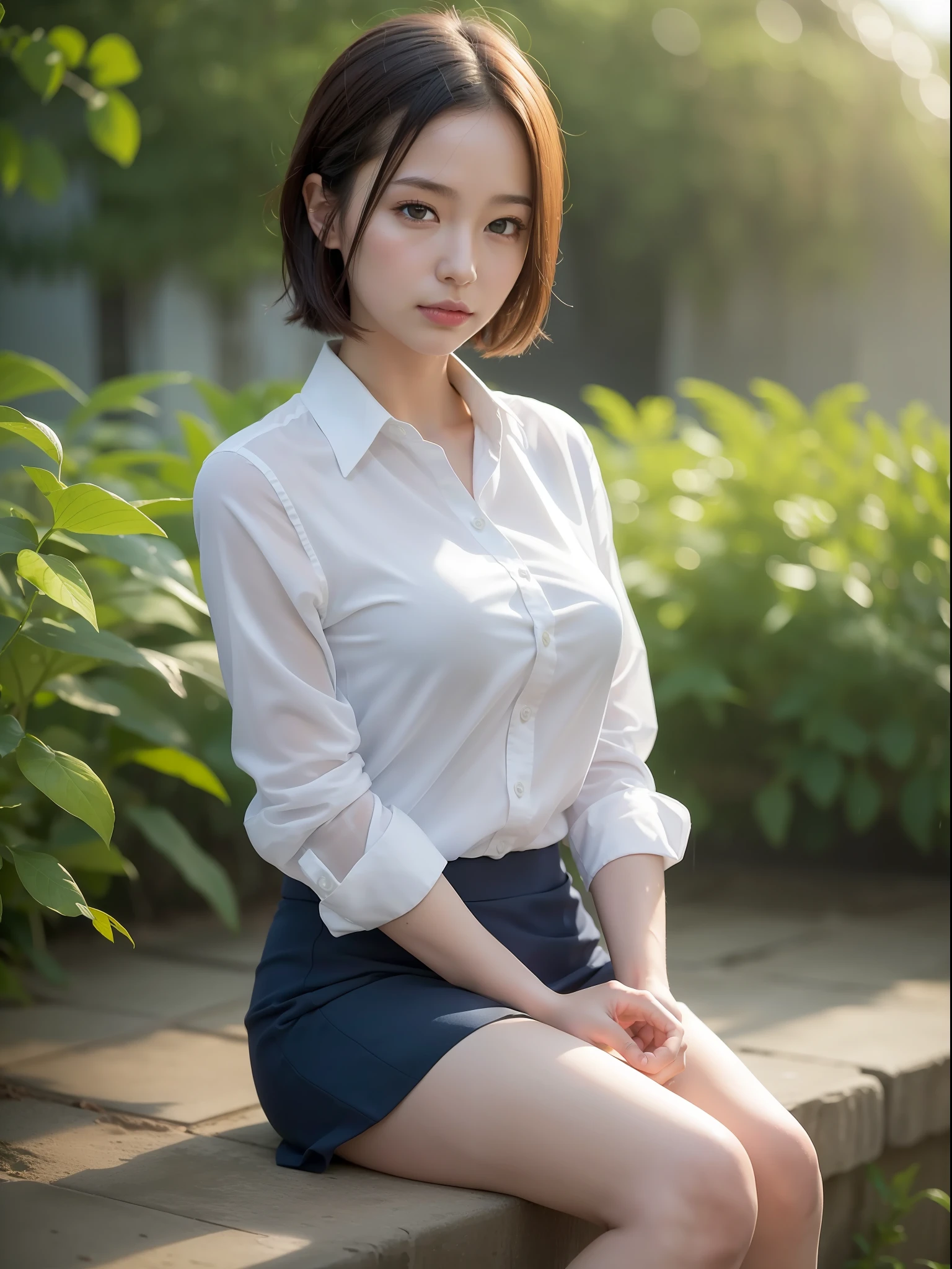 ((Best quality, 8k, Masterpiece: 1.3, raw photo)), Sharp focus: 1.2, (1 AESPA girl: 1.1), (realistic, photo-realistic:1.37), face focus, cute face, kindness, small breasts, flat chest, brunette short messy hair, sitting, business suit skirt, wet white shirt, rainy day, garden, park, sunlight, cinematic lighting