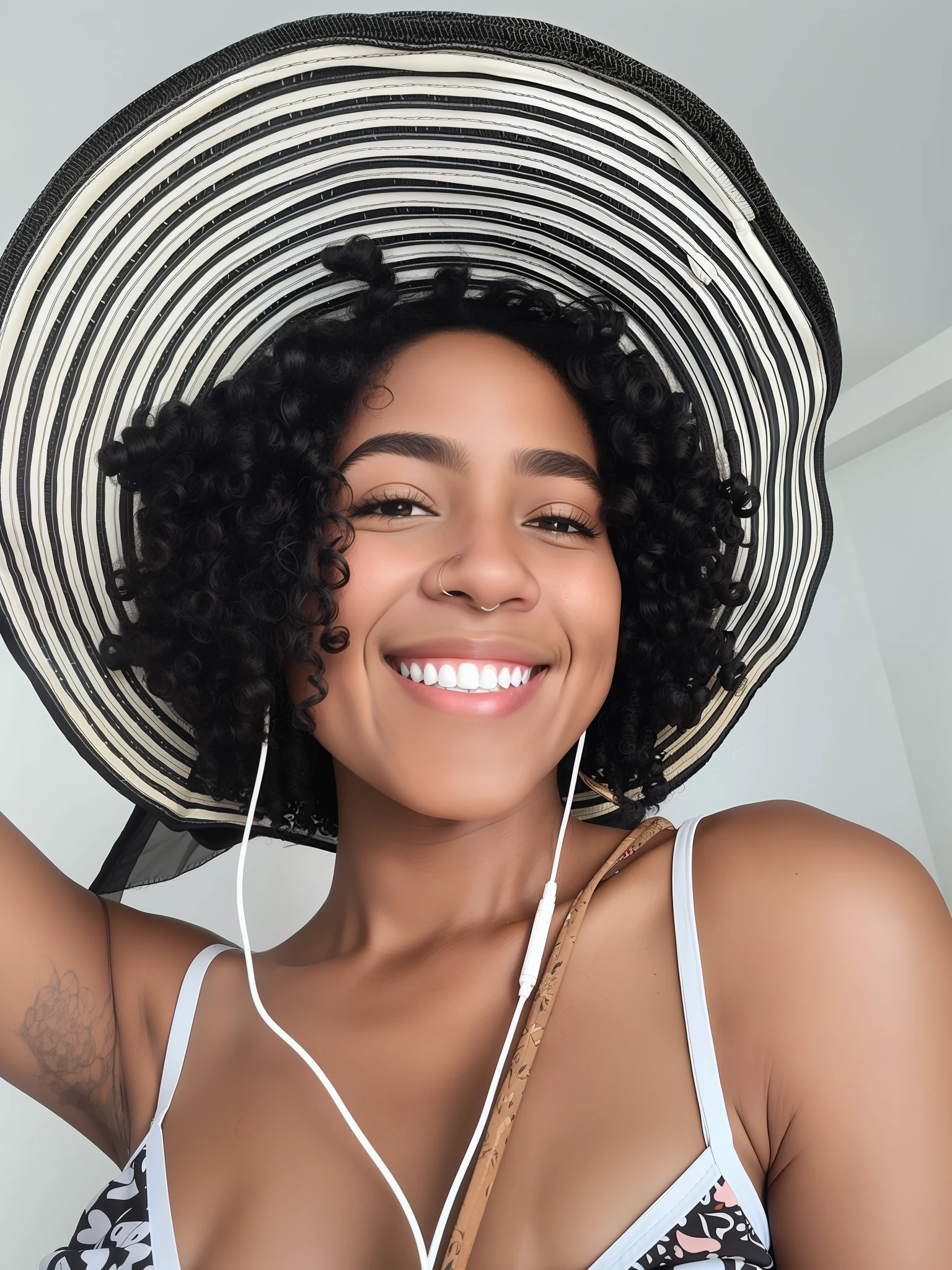 smiling woman wearing a large hat and headphones with a smile, selfie of a young woman, she is wearing a hat, with hat, wearing a cute hat, wearing a chocker and cute hat, curly afro, with a weird hat, wearing a silly hat, with afro, dark short curly hair smiling, wearing a hat, wearing a travel hat