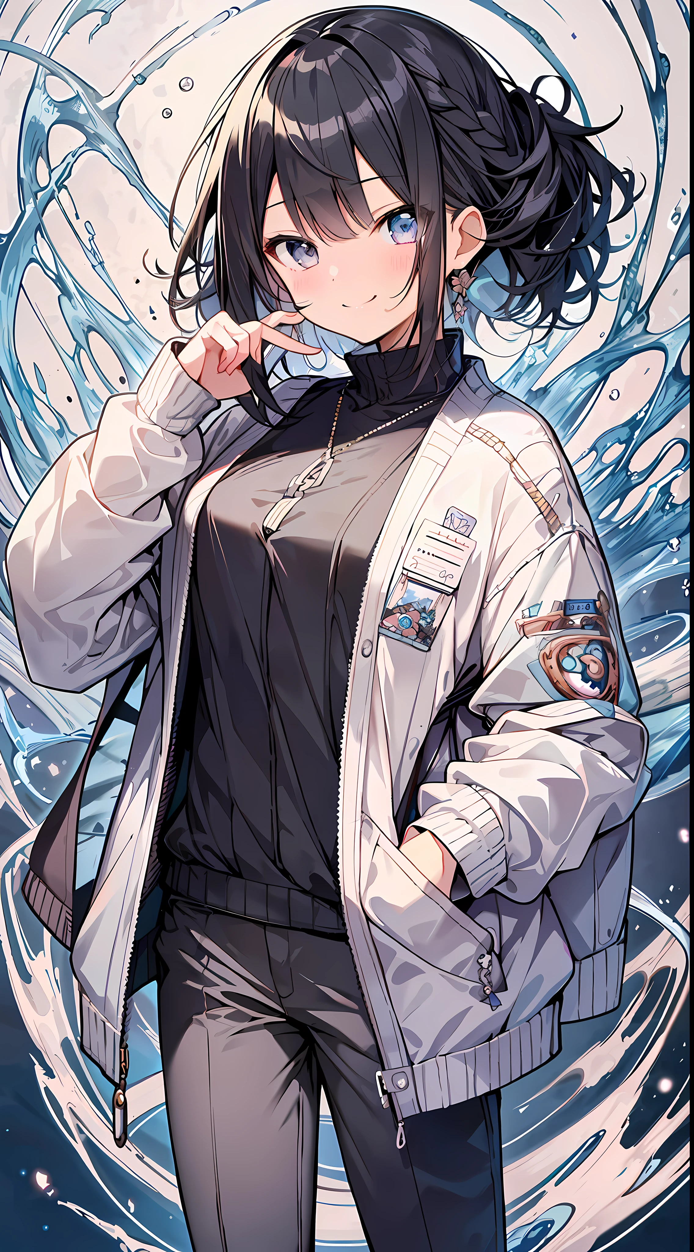 (incredibly absurdres absolutely resolution: 1.5), highest quality, masterpiece, ultra high resolution, 8k, (pale colored cardigan, tech sneakers, pants), shojo manga style, loli, soft line drawing, digital enhancement, shojo manga touch, shojo manga core, (hair length to shoulder)))), ( Short braids))), soft drawing, beautiful black hair, clear eyes, ((smile, wink)), ultra-detailed digital anime art, clear face depiction, ultra-detailed shojo manga character art, clear facial features, manga style, top quality colors, angle that you can see to your feet, entangle, beautiful and aesthetic: 1.5, high quality:1.3