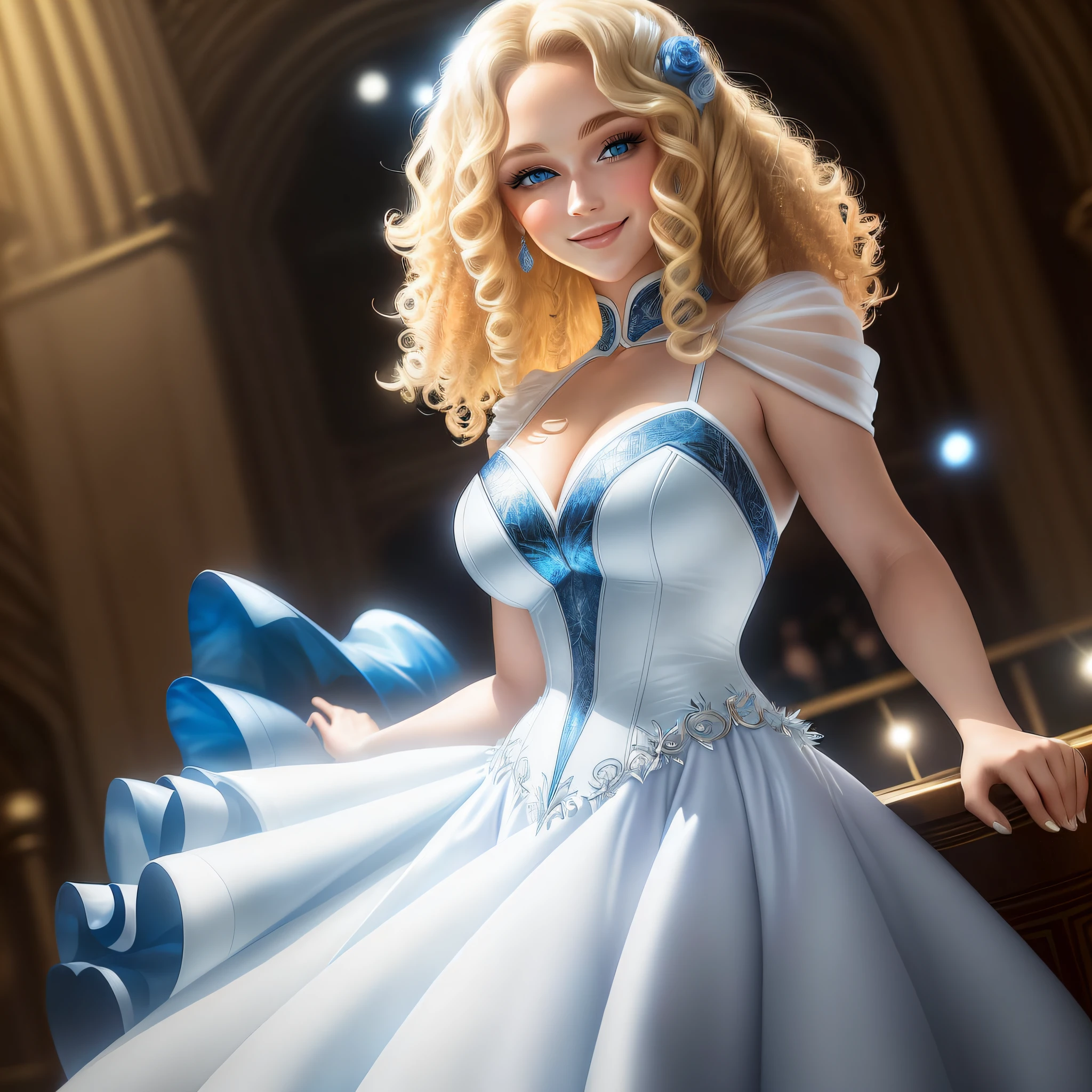 (dramatic illumination, dynamic angle, intense color contrast), (a young woman with blonde curly hair and blue eyes, wearing a white knee-length couture dress, posing and smiling broadly, ready for her close-up), (in club)