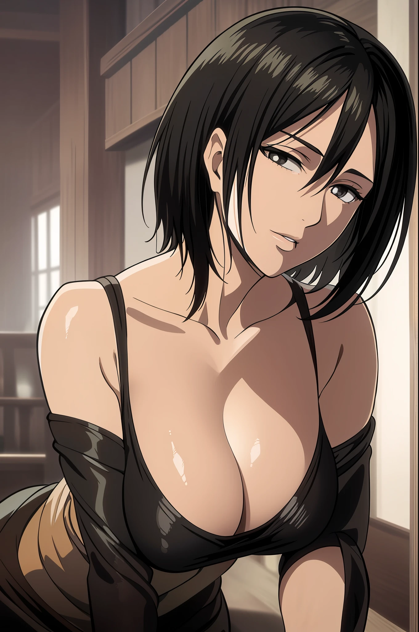 1girl, mikasa ackerman, (black hair:1.3), hair between eyes, short hair, sideburns, gray eyes, lips, cleavage, big breasts, close up, solo, lips, masterpiece, best quality,