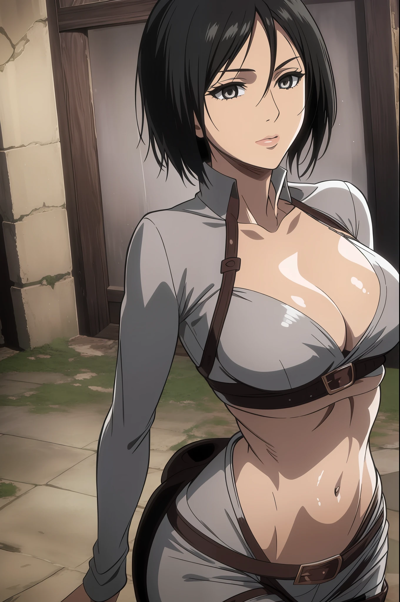 1girl, mikasa ackerman, (black hair:1.3), hair between eyes, short hair, sideburns, gray eyes, lips, cleavage, big breasts, close up, solo, lips, masterpiece, best quality,