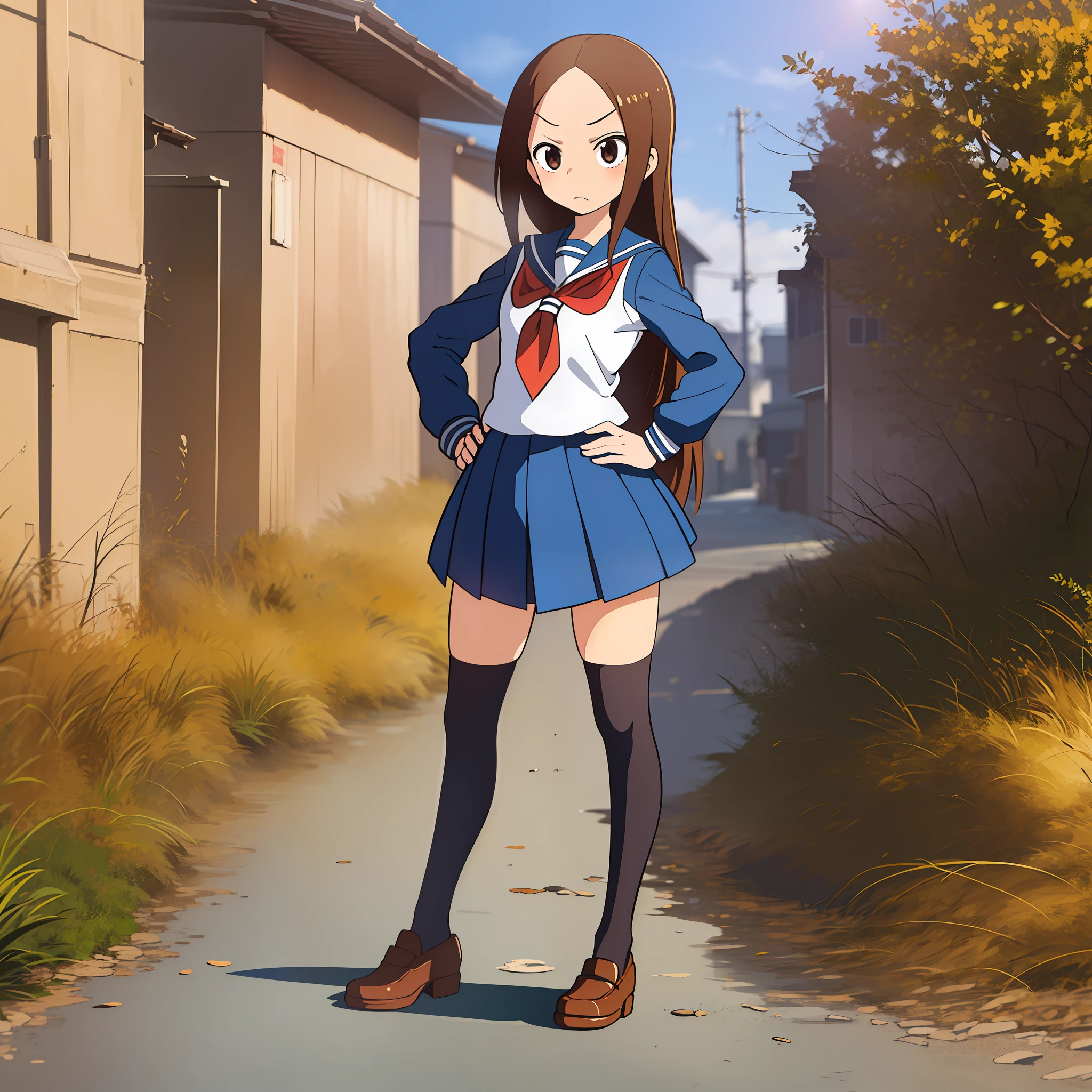 (Masterpiece, Superb Quality, Super Detailed, High Resolution), Female Focus, ***********, (Wife Set), Angry Emoticon, (Hands on Hips), (((Solo)), School, Background Details, Full Body