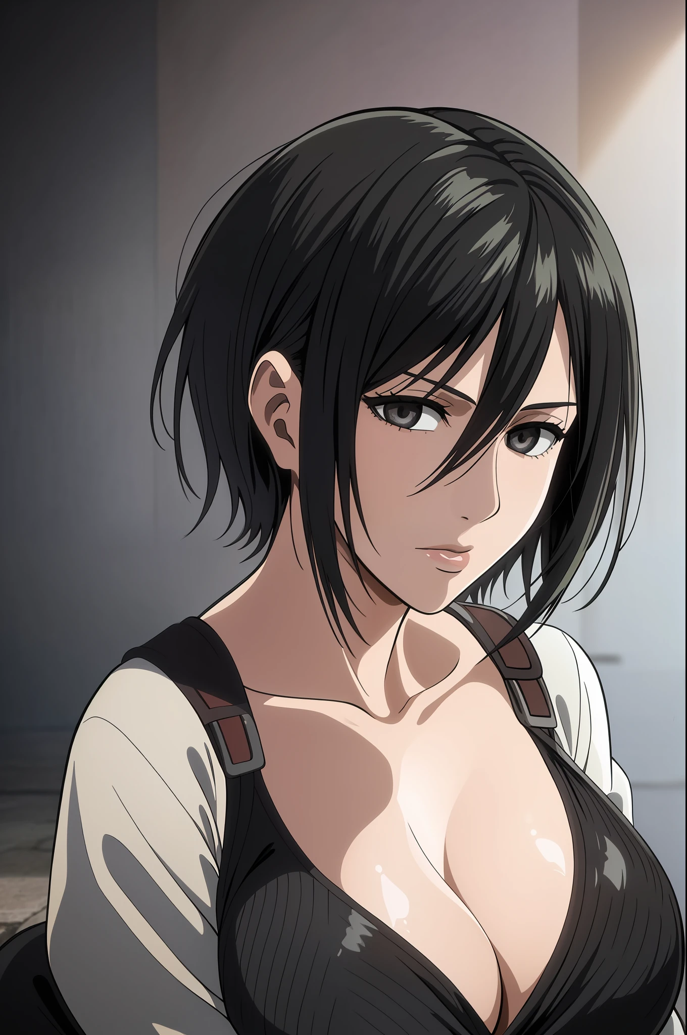 1girl, mikasa ackerman, (black hair:1.3), hair between eyes, short hair, sideburns, gray eyes, lips, cleavage, big breasts, close up, solo, lips, masterpiece, best quality,