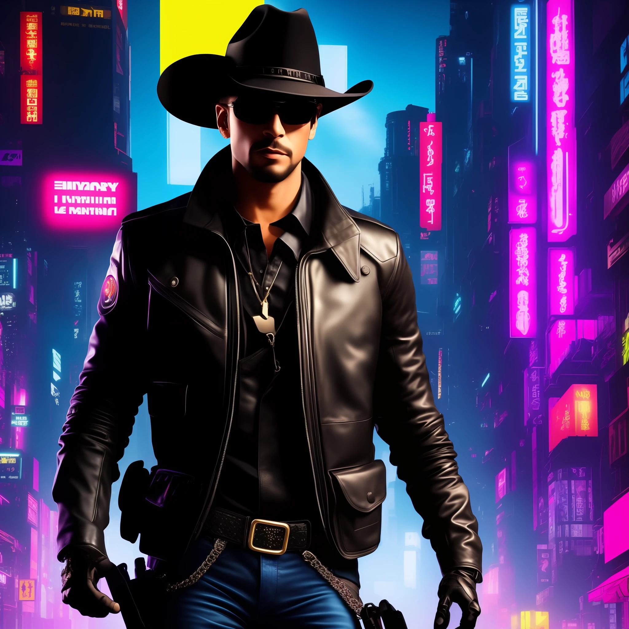 drawing of a cowboy in a cyberpunk city, hat, neon lights, anime line art, Futuristic Clothes