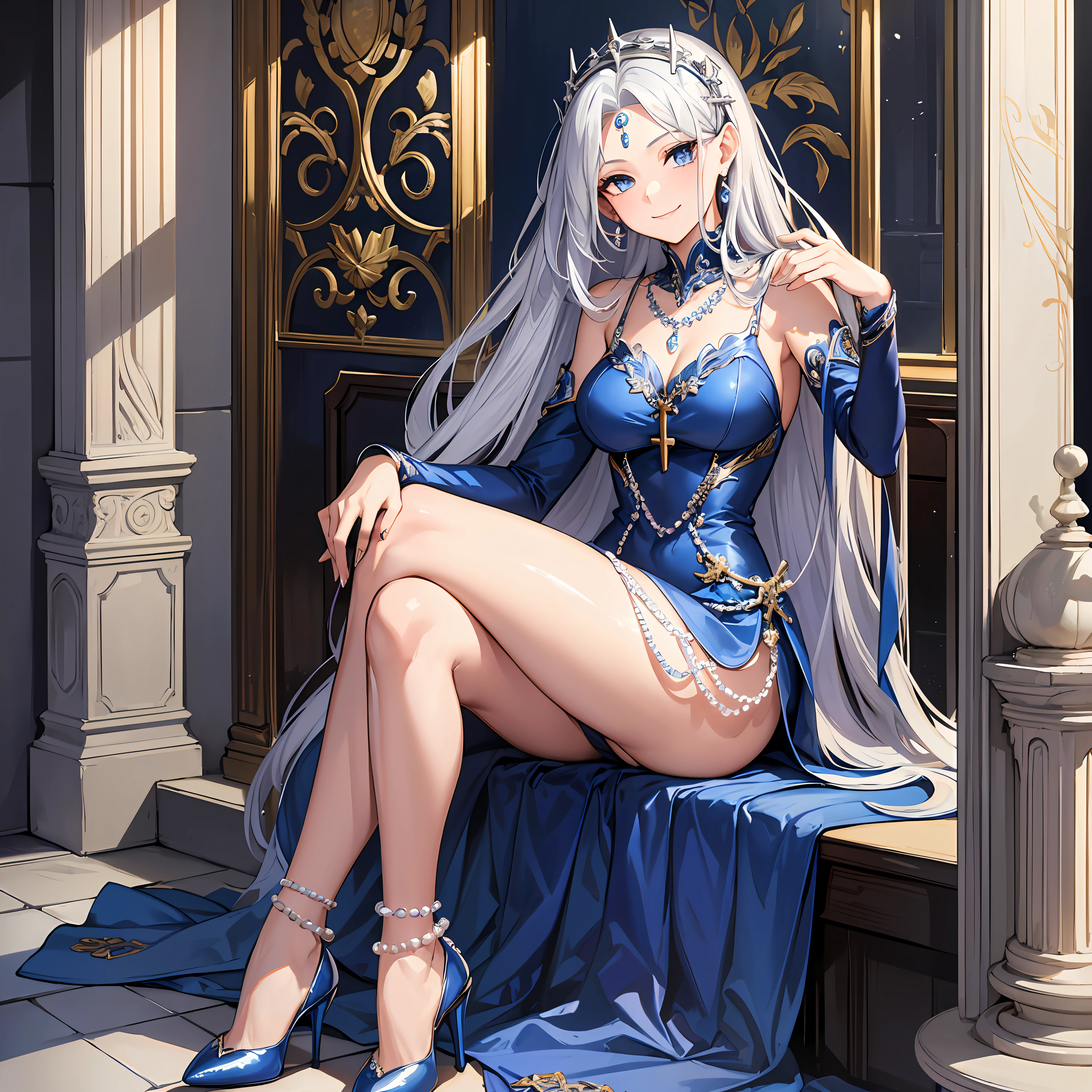 Masterpiece, 30 years age, female, long Silver hair, wearing mermaid headband, pearl necklace, Slanted eyes, blue navy sexy dress, high heels, sitting Cross your legs, smile expression, with a sharp gaze, beautiful face, close up