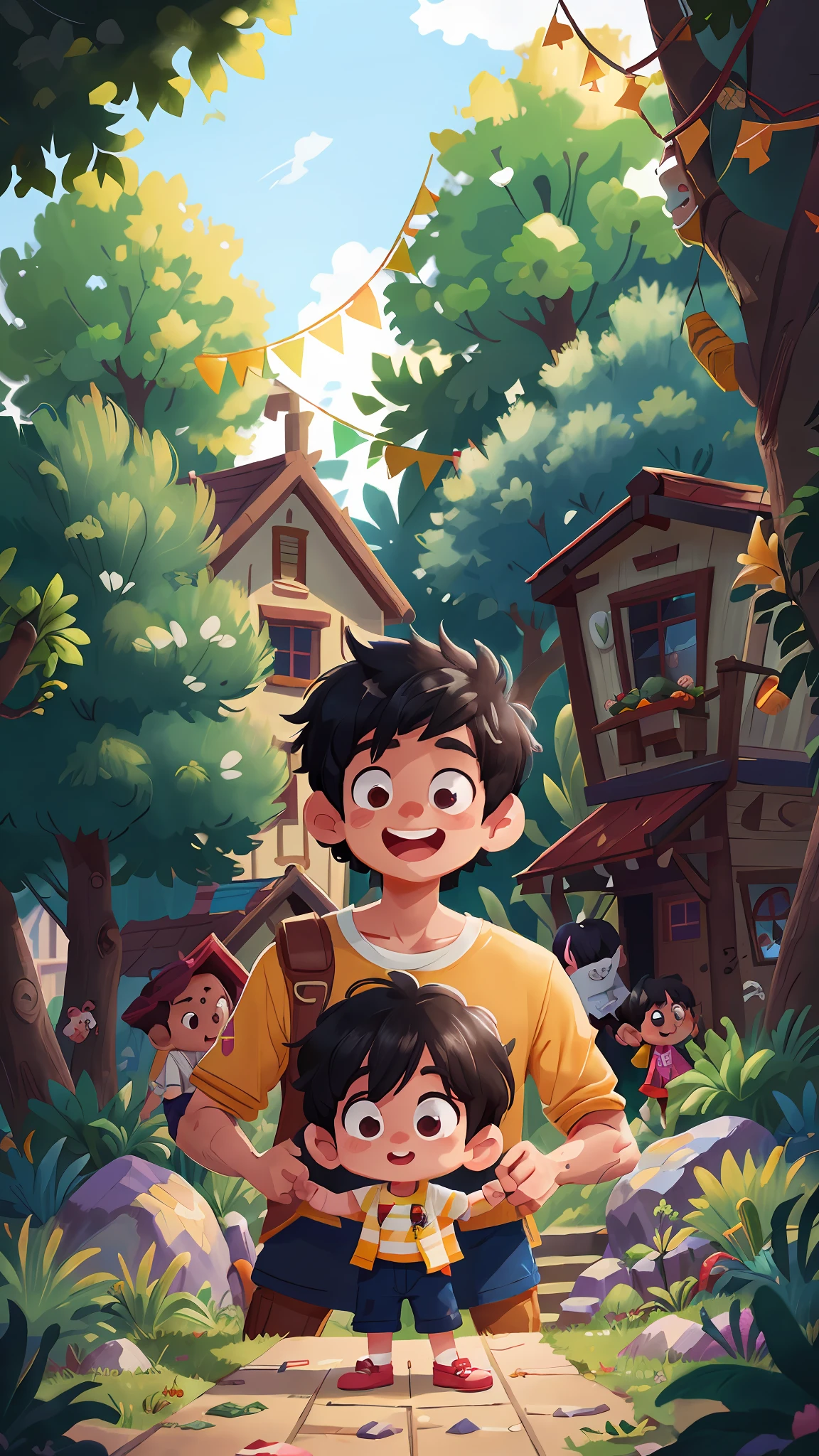 Black-haired man, gorgeous 30 years old, in an amusement park, happy, with his 4-year-oon, cr focus (clutter - house: 0.8), (masterpiece: 1.2) (Realistic: 1.2) (Bokeh) (Best quality) (Detailed Skin: 1.3) (Intricate Details) (8K) (Detail Eyes) (Sharp Focus), (Happy)