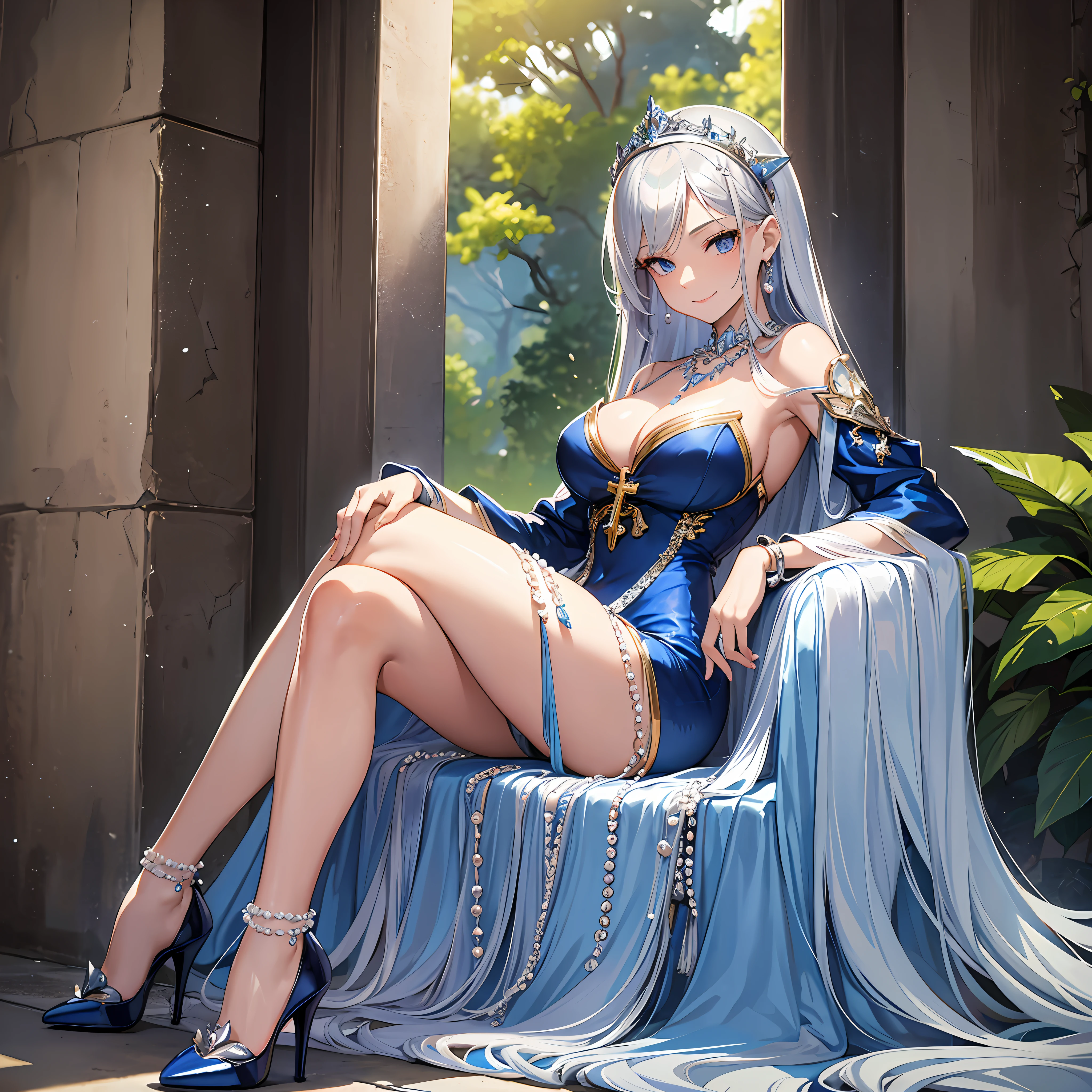 Masterpiece, 30 years age, female, long Silver hair, wearing mermaid headband, pearl necklace, Slanted eyes, blue navy sexy dress, high heels, sitting Cross your legs, smile expression, with a sharp gaze, beautiful face, close up