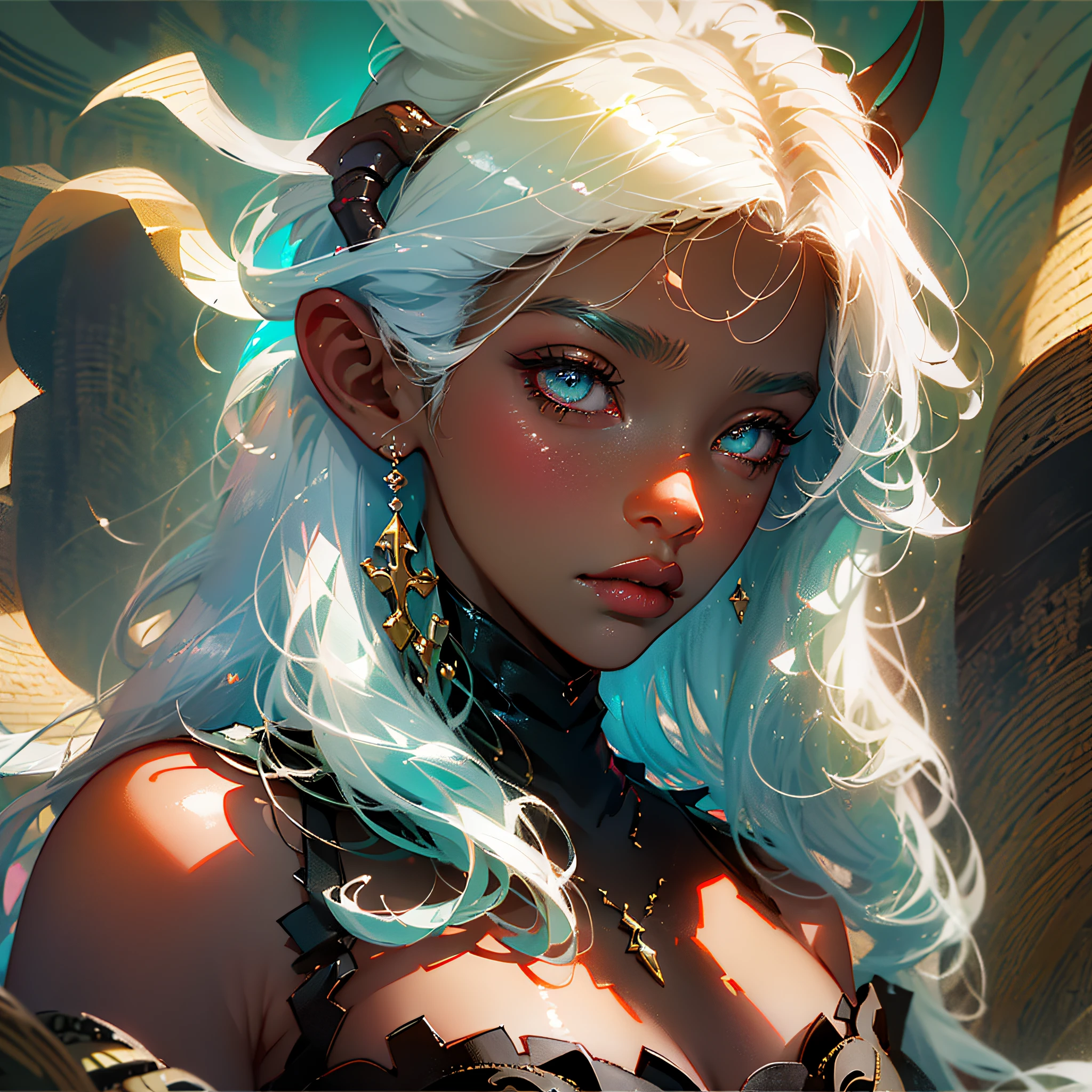 (best quality, masterpiece), 1girl, pose, upper body, simple background, looking at the viewer, boldness, potato alloys, hand-drawn sketch illustration of a beautiful d&d tiefling girl with white hair, shoulder-length hair, pupilless eyes, green sclera, flushed cheeks, lips with brown lipstick, long eyelashes, long horns, rogue clothes, dark skin, black skin, brown skin, scales on the skin, seductive expression, illustration, sketch of watercolor ink, whole body, in a village, dagger in hand. --auto --s2