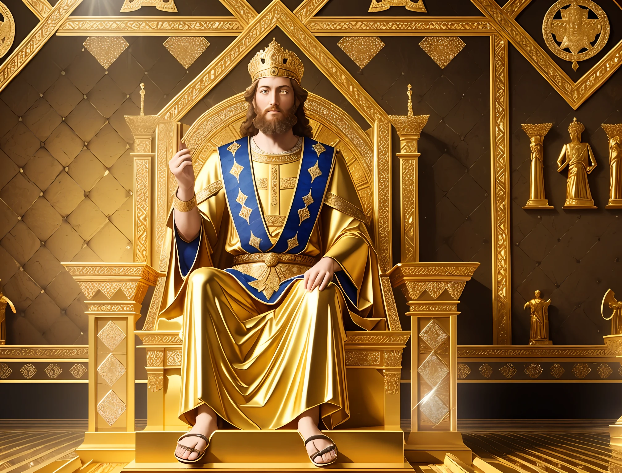 King David seated on a throne made of gold and diamonds reflecting light, in the background a wall with inscriptions on God realistic. 16:9 aspect ratio and 8k resolution --auto --s2