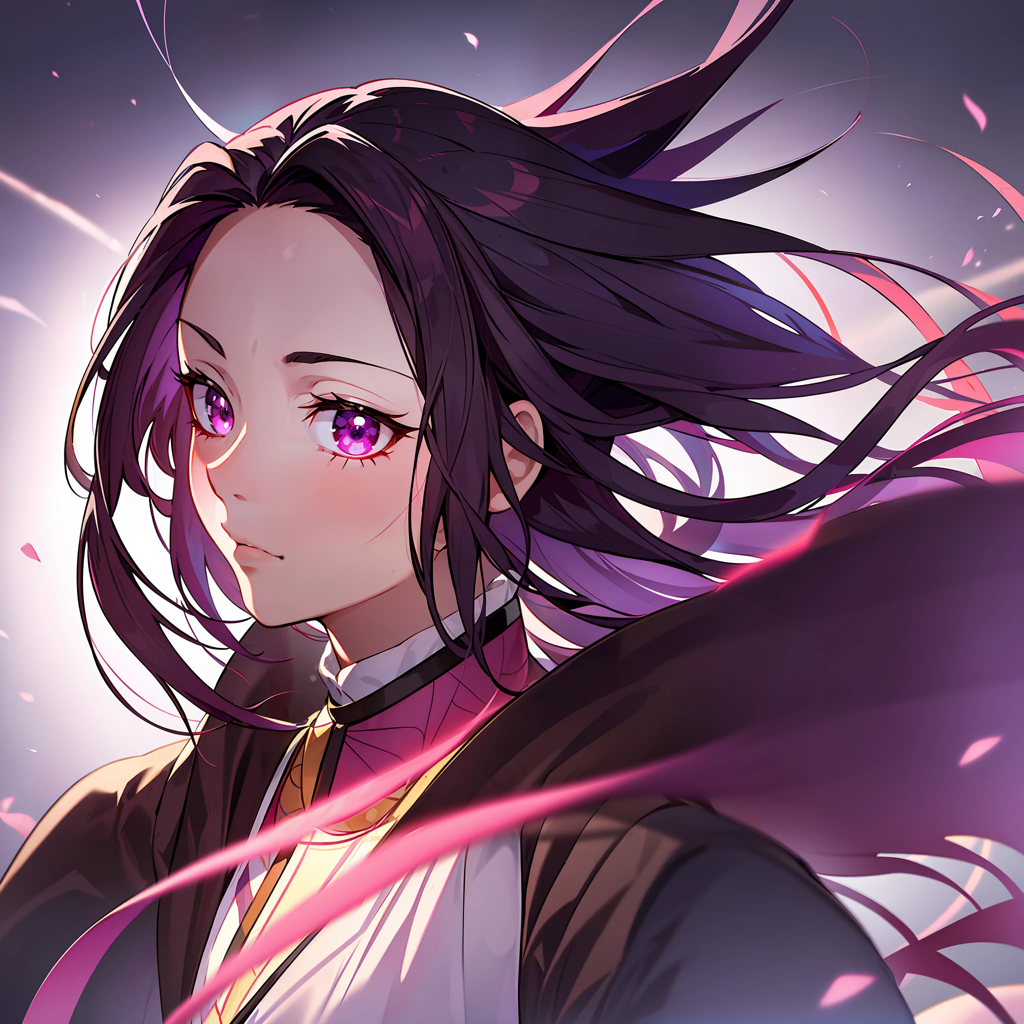 kimetsu no yaiba, Female (1 female only) purple hair, burning black eye, short hair with two bangs (with the ends of the hair hitting the neck), (1.65 meters, face (not very serious), backlight illuminating character (left), (background), masterpiece, best art,