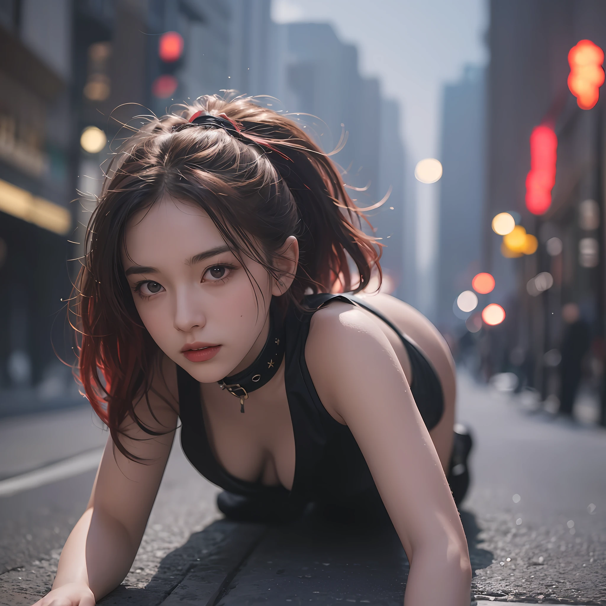 Superior image quality, debut, HD CG, A picture with a lot of details, Physics engine, Lifelike, Detailed picture, Dynamic lens, Highlight the theme, Dark, cool tones, Dark red light source, Girl crawling on the street with a collar on her head, Heavy atmosphere. --auto --s2