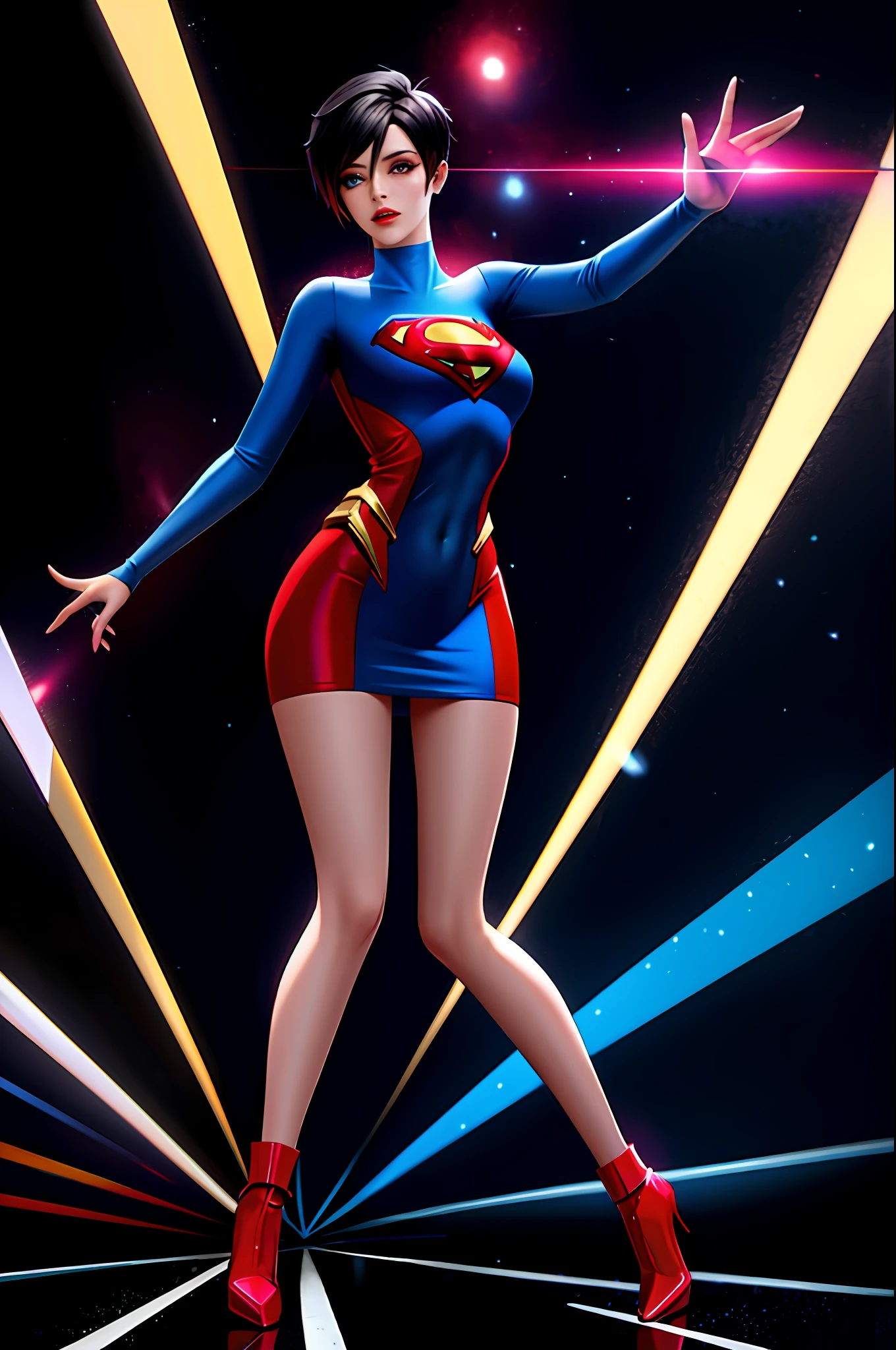 there's a woman in a short dress walking on a runway, digital art by Nelson Alexander Ross, winner of the Artstation contest, neo-dada, neosurrealism. digital art, neosurrealism, neo surrealism, cover art, giant art, dreamy cyberpunk girl, promotional art, using superman S symbol, tracer in a tight dress, near a galaxy, skydoll noa