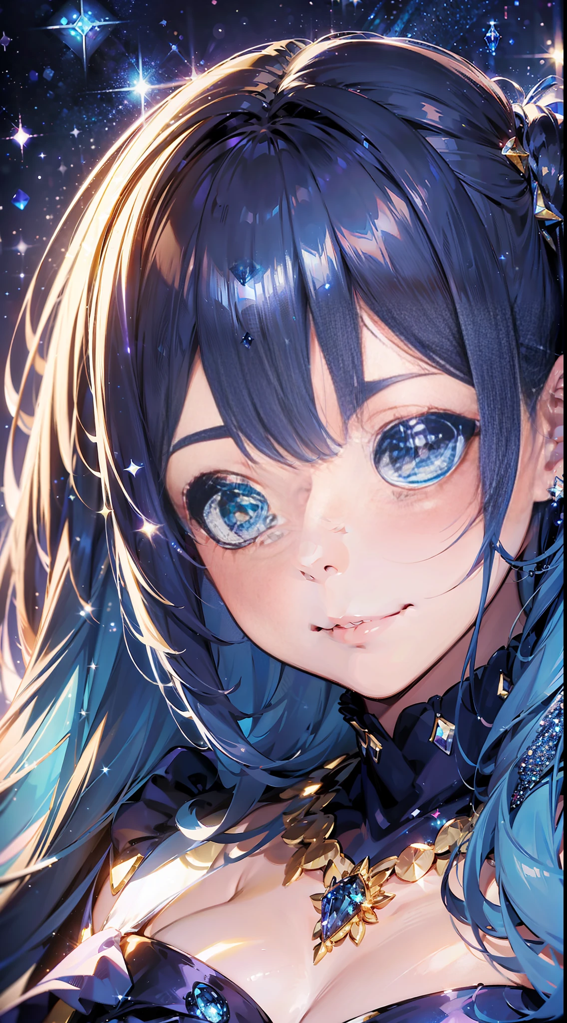 Sapphire
(((Masterpiece))). ((Super detail, top quality, high resolution, movie lighting, glitter, lens flare, light particles, glowing tones,))
Upper body (one shoujo )light smile
(long hair, parted bangs, blue hair, hairclip,), wearing a blue dress, ruffles
Eyeshadow, eyeliner, beautiful eyes
18-year-old girl. Light, brilliance, glare, glare, glitter, reflection, prism, transparency. Thin material. (Sapphire background)