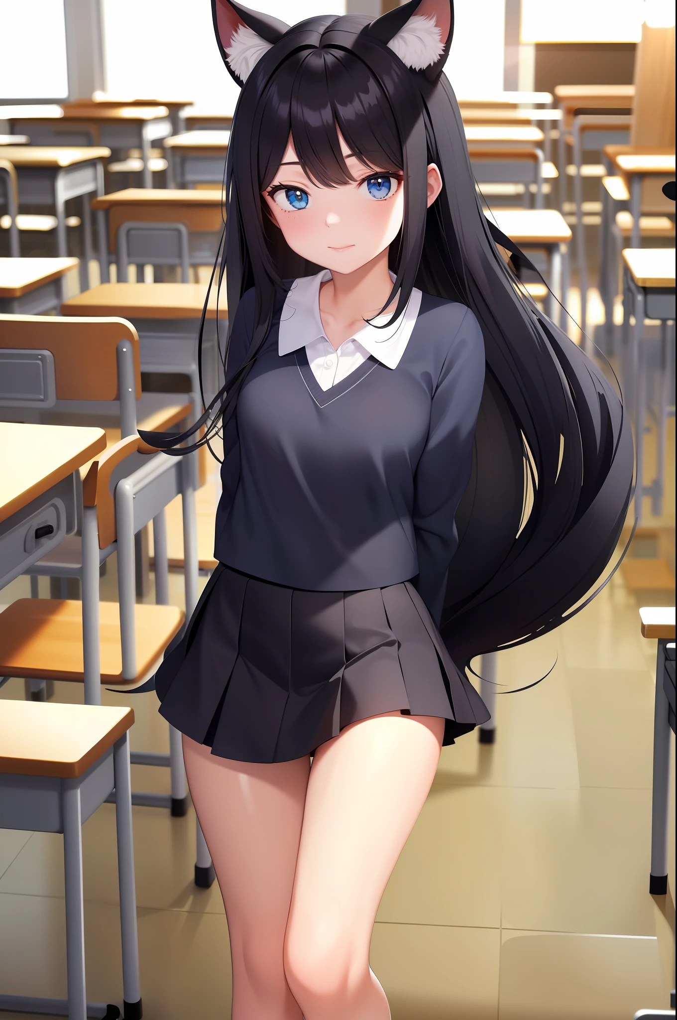best quality, masterpiece, student outfit, classroom, cute, double tail, black hair, blue eyes,