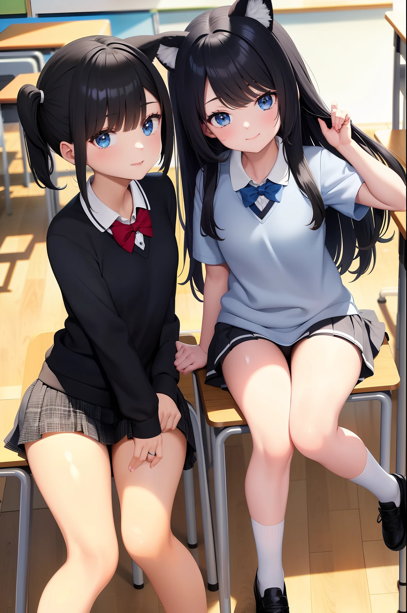 best quality, masterpiece, student outfit, classroom, cute, double tail, black hair, blue eyes,