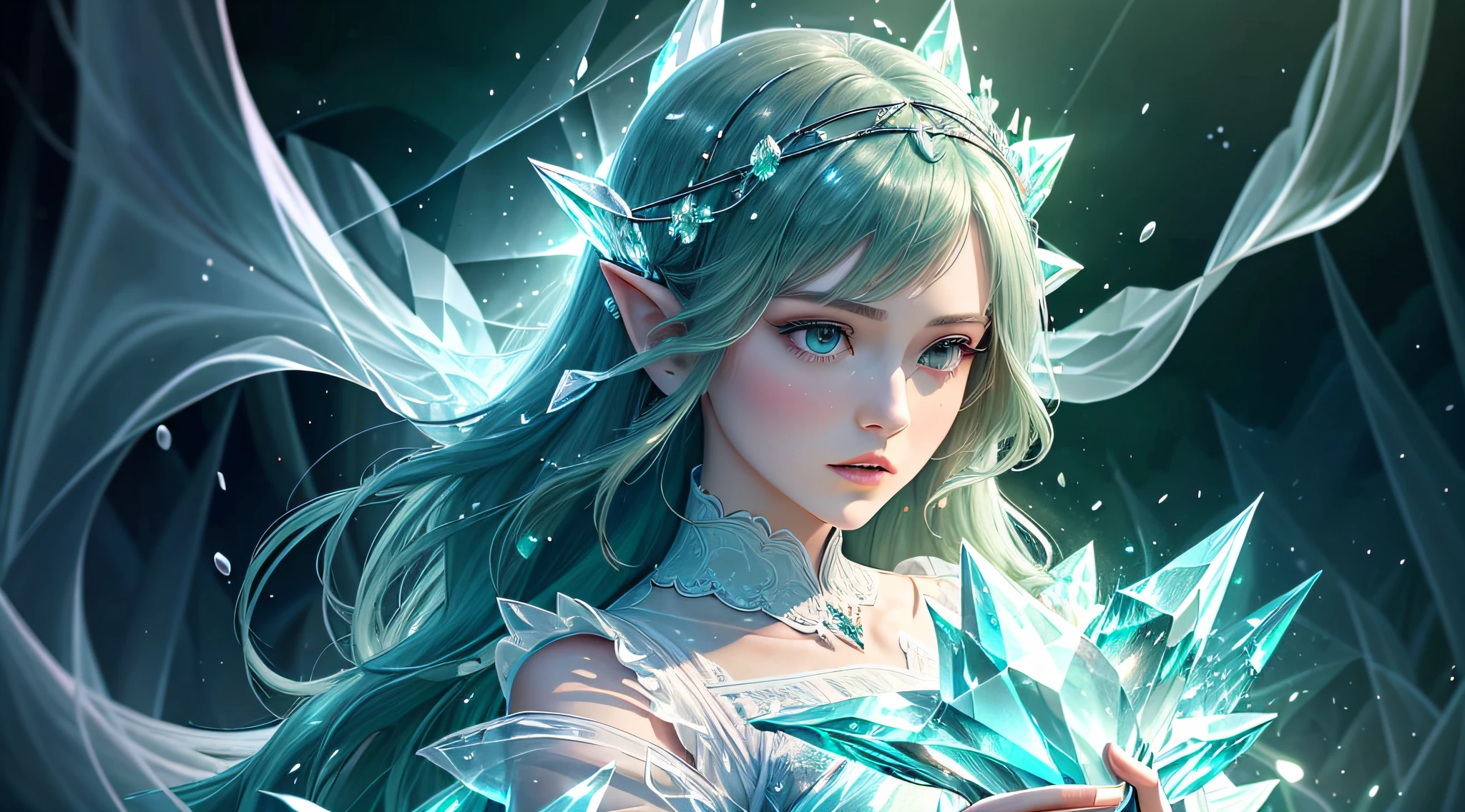 (Masterpiece, Top Quality, Best, Official Art, Beautiful and Aesthetic, Long Exposure: 1.2), Smooth Movement, Charming Patterns, 1 Girl, (Long Dress with Sleeves: 1.3), (((Green Clothes) )), upper body close-up, bare shoulders, Chinese girl, blush, black lob hair, portrait, solo, upper body, looking at the observer, detailed background, detailed face, (crystallineAI, crystalline theme:1.1), elemental wood elf, rotation foliage, control foliage, emerald clothing, dynamic pose, floating particles, ethereal dynamics, foliage, vapor, forest in the background, green tint, forest, ethereal atmosphere,