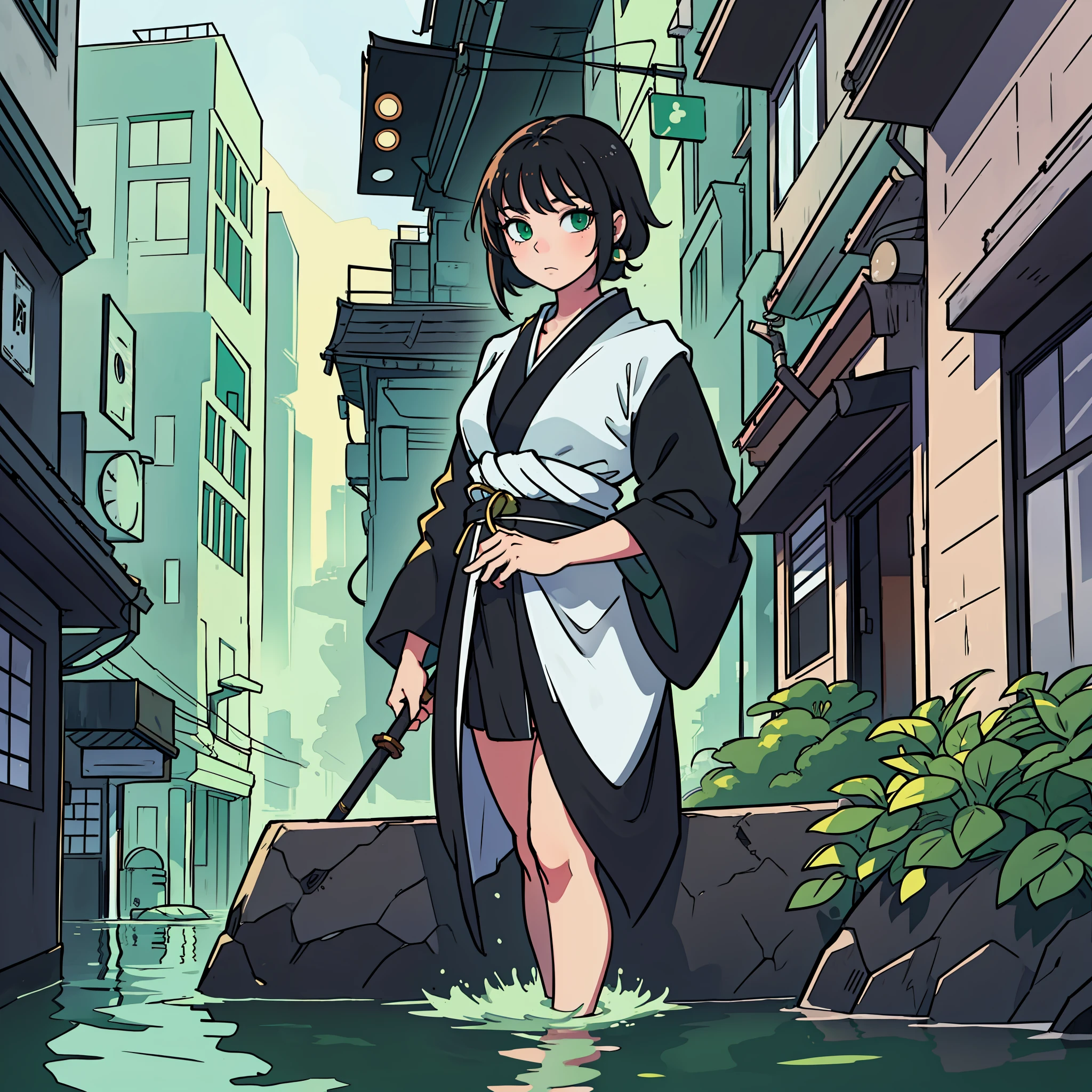 Draw a girl black hair with white locks,cute,green eyes, black kimono, full body, leaning on a wall, environment a flooded city,(ultrdetailed, masterpiece)