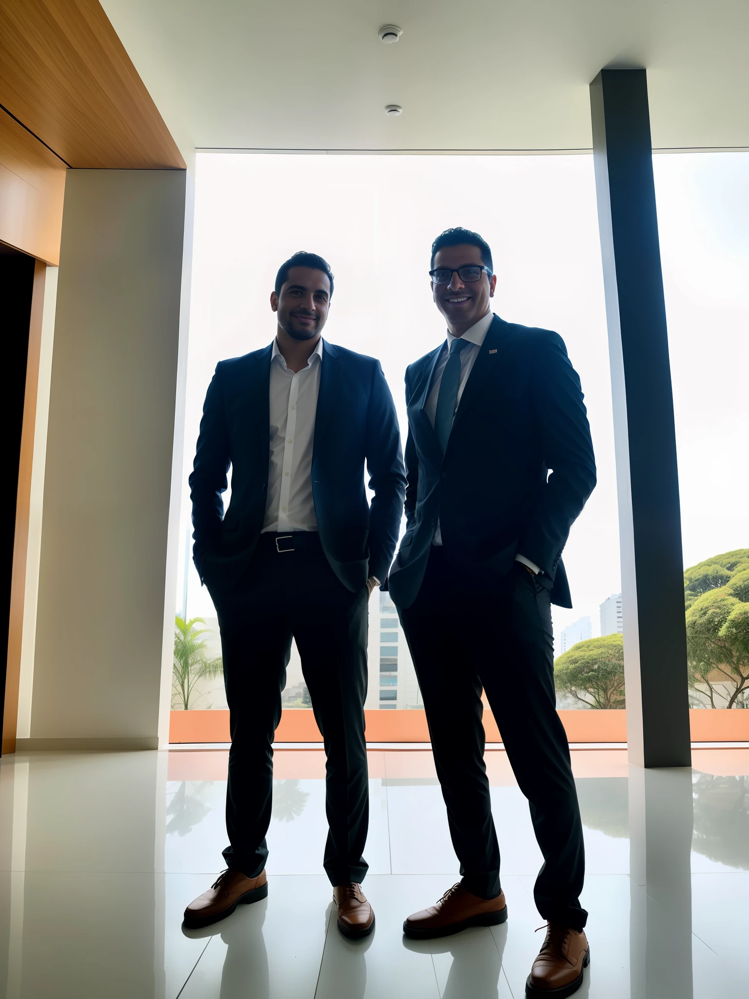 two men standing next to each other in a building, in sao paulo, edu souza, smooth in _ the background, with godray, david rios ferreira, by Fernando Gerassi, in the background, by Nándor Katona, by Ceferí Olivé, photo taken in 2 0 2 0, captured on iphone, icaro carvalho