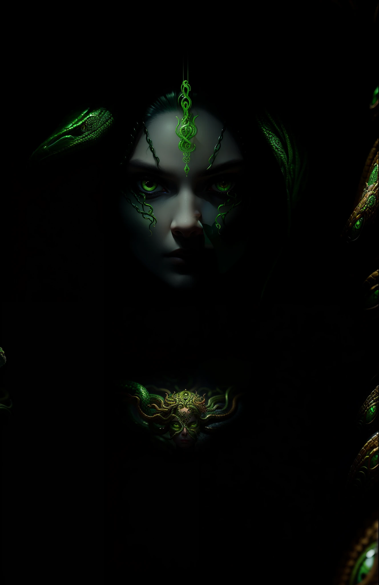 ((best quality)), ((masterpiece)), ((realistic)), Medusa, full body, the hair is composed of countless small snakes, green eyes, female face, metal carved top, royal aura, trend on artstation , sharp focus, studio photo, intricate detail, very detailed, detailed eye, illustration, very detailed, sharp focus, digital render, professional, 4k