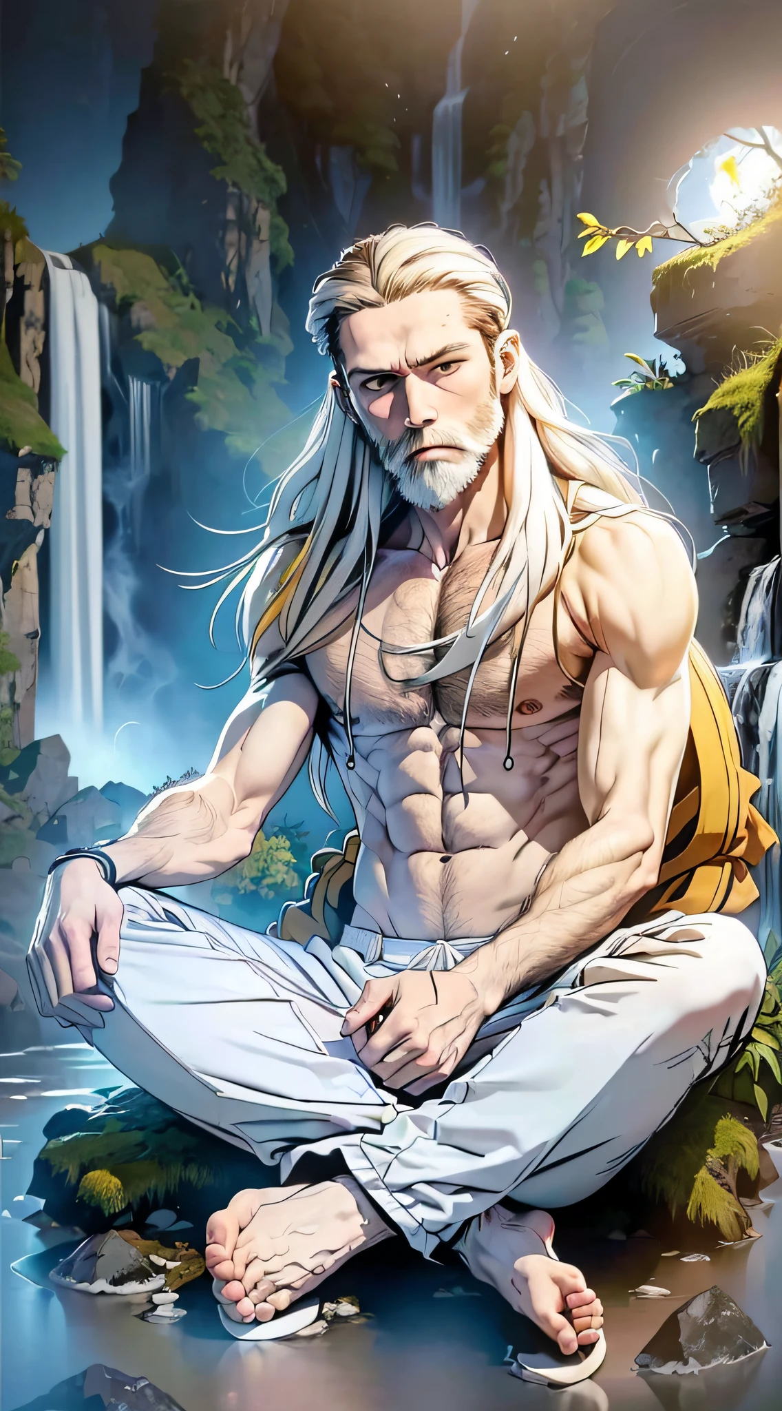 Man, (middle age), ((alone)), long hair, (white hair), (short beard), white beard, clenched eyes, blue eyes, (((meditation))), (((sitting cross-legged))), (frontal vision), ((shirtless)), athletic, (white shoe), ((social pants)), white pants, (under a waterfall), nature, ((low light)), ((yellow light)), (((masterpiece))), better quality