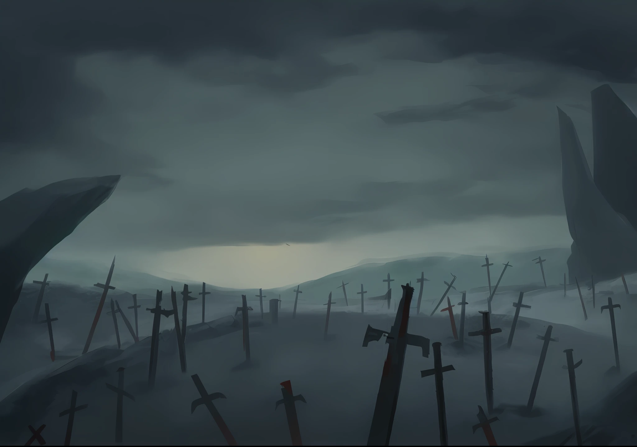 there are many swords in the middle of a field of snow, bloodbath battlefield background, gloomy landscape, battlefield background, background: battle scene, invading army background, battle landscape, background battlefield, battlefield in background, swords stuck in the ground, war landscape, battlefield landscape, painted as a game concept art, foreboding background, random background scene