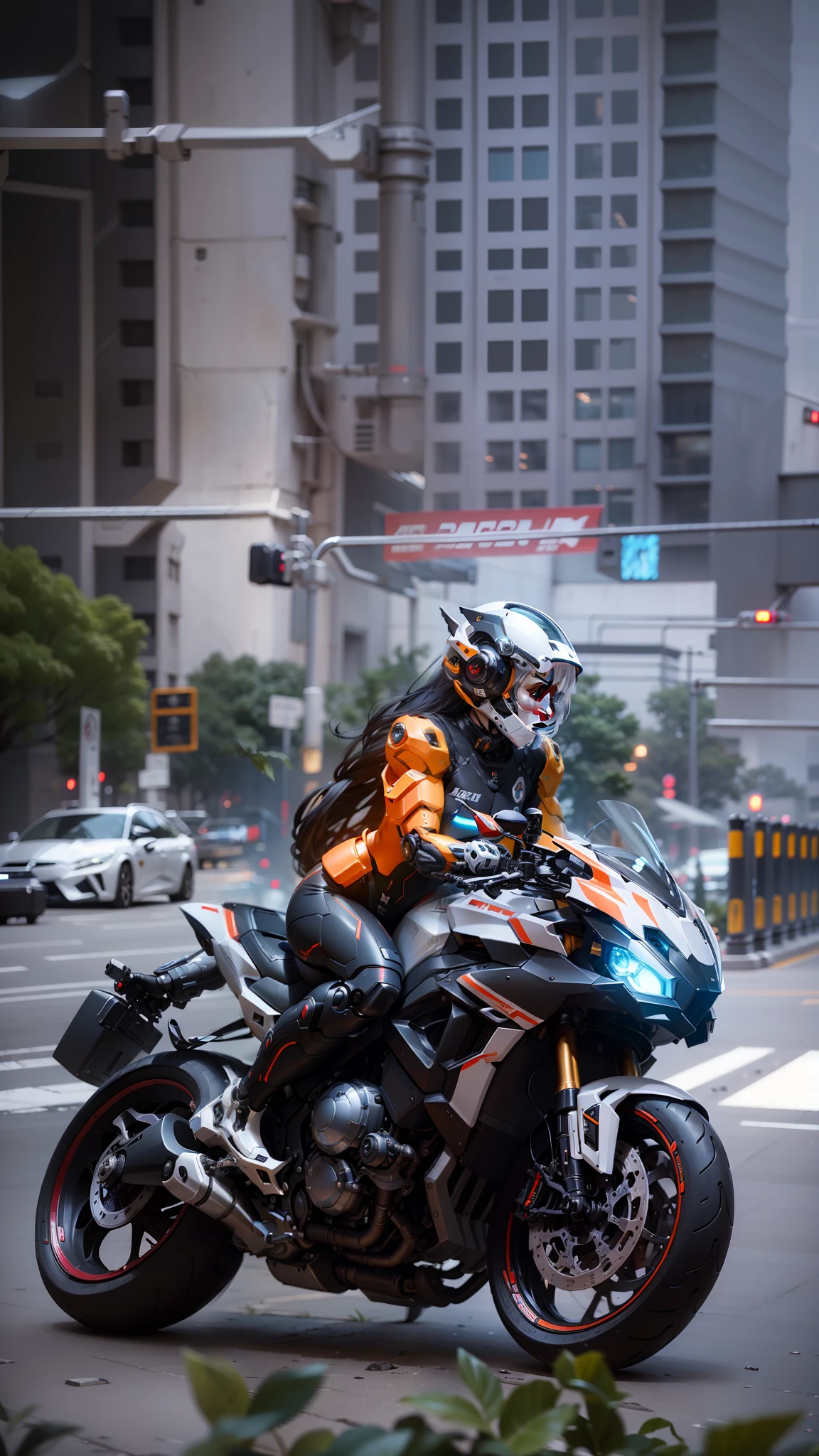 Beautiful full body mecha with short white hair Cyber Sailor and Cyber mechanical motorcycle, high-tech white full surround helmet, white long hair, Nousr, biomechanics, MSHN robot man, high-tech helmet, surreal, steel, intricate design, crazy details, fine details, extremely clear lines, cinematic lighting, photo realistic, detailed masterpiece