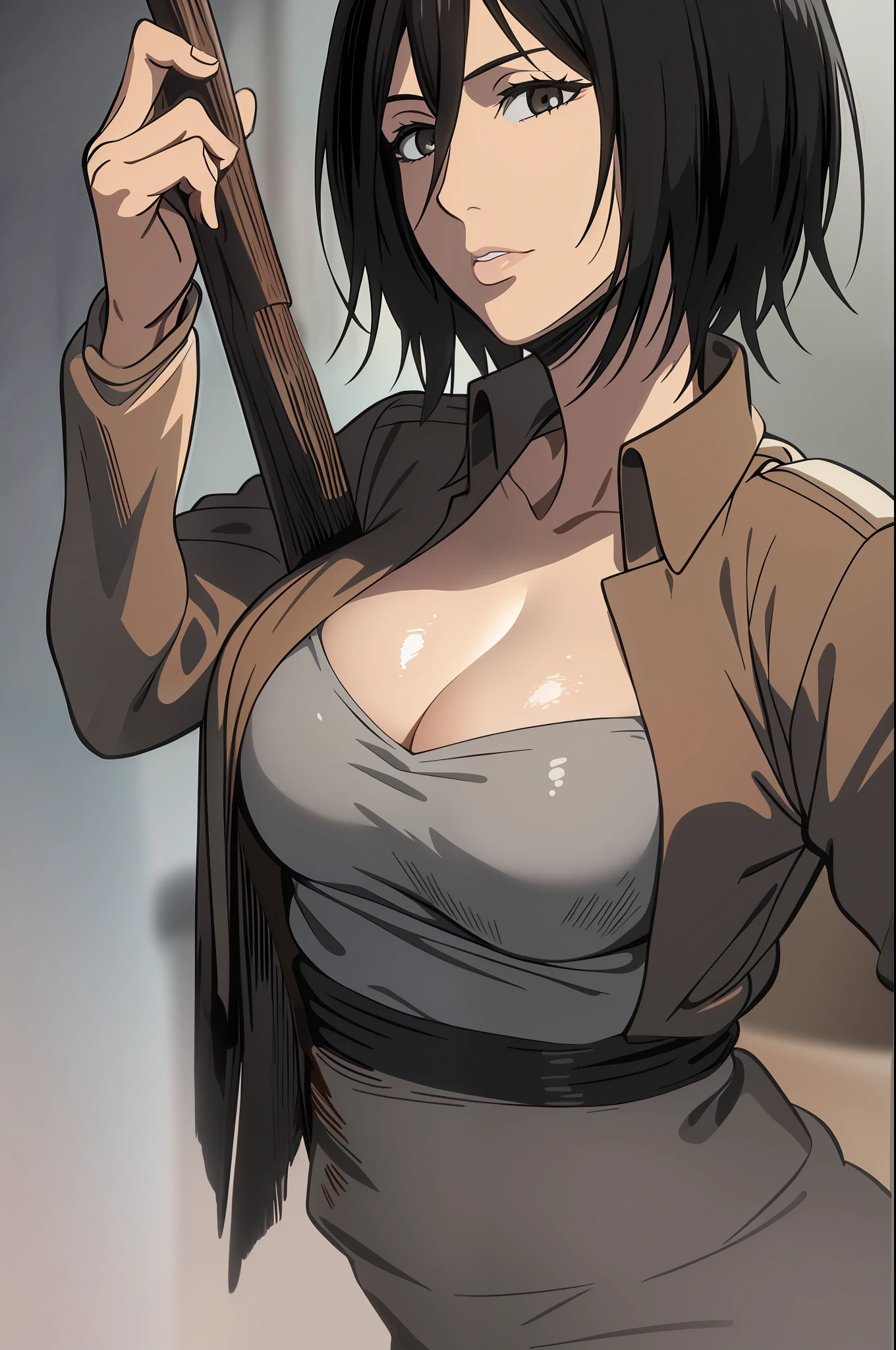 1girl, mikasa ackerman, (black hair:1.3), hair between eyes, short hair, sideburns, gray eyes, lips, cleavage, big breasts, close up, solo, lips, masterpiece, best quality,