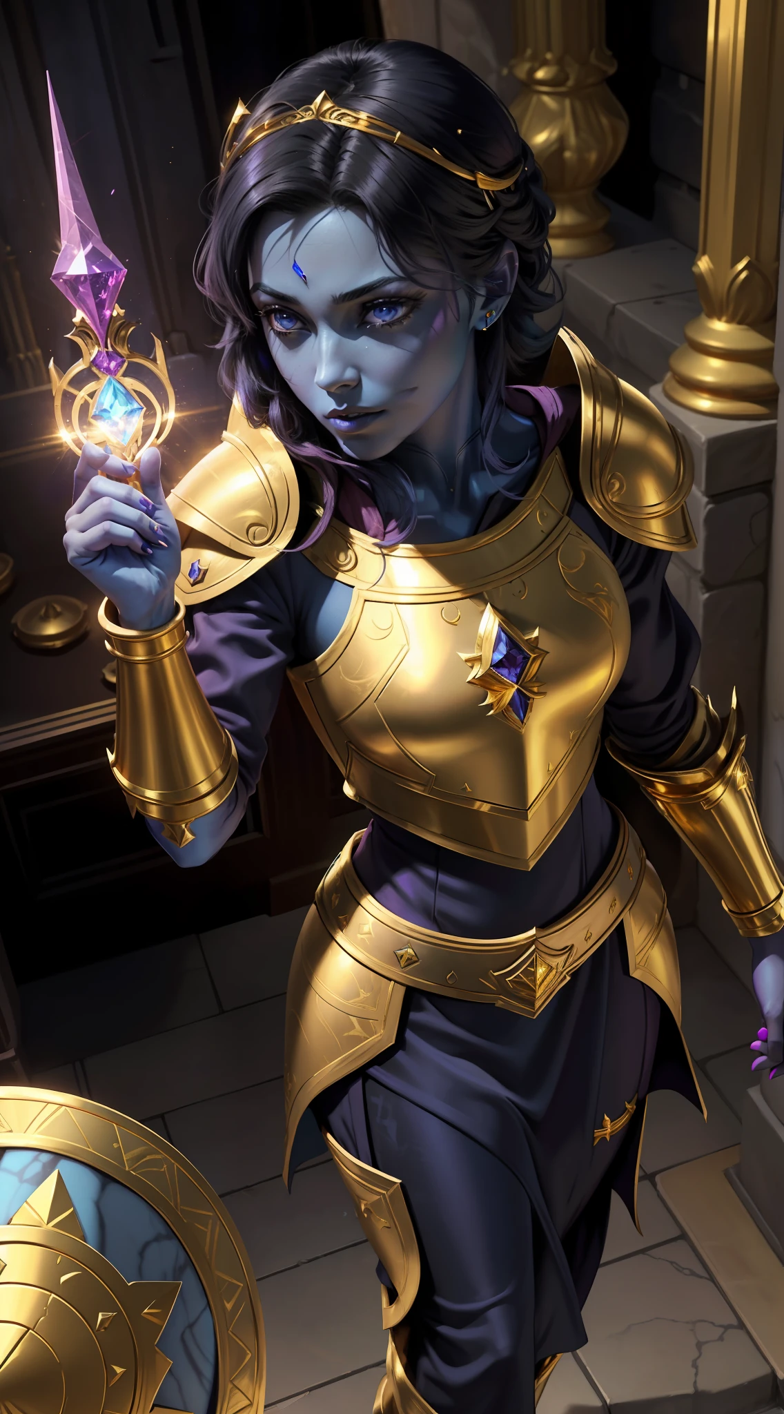 A woman, (((solo))), (25 years old, blue skin, pink eyes, shoulder-length black hair), (Arabic features), (wears a golden armor, with white and purple fabrics, gemstone diadems on her head), (is in a marble and gold castle), RPG mage