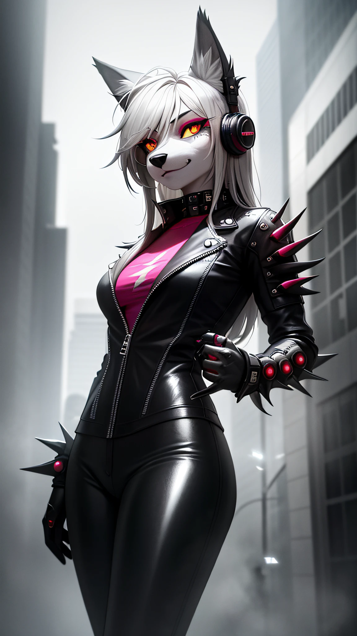 A very detailed portrait of a lone wolf girl standing on a street corner, (anthro, furry, muzzle: 1.2), mustaches, during a storm with lightning and a cloudy sky, neon and cyberpunk background, wears punk clothes and a tight latex pants with silver chains and silver spikes, has a butterfly wing clip in her wild hair, has headphones and a tie, small, detailed bright red eyes with distinct pupils, ominous halo aura, smile, punk, cyberpunk, backlighting, masterpiece, best quality, intricate detail, absurd, high detail Color RAW Photo, highly detailed, rough lighting, cinematic lighting, detailed eyes, distinct pupils, contrast, hard light, gigapixel, 8k resolution, beautiful, cinematic, elegant, hyper-realistic, octane, unreal, unreal, high definition, 8k resolution, highly detailed, 8k uhd, professional lighting, photon mapping, radiosity, physics-based rendering, award-winning photography, detailed face, backlight, ultra-realistic, ray tracing, vivid look, cinematic lighting