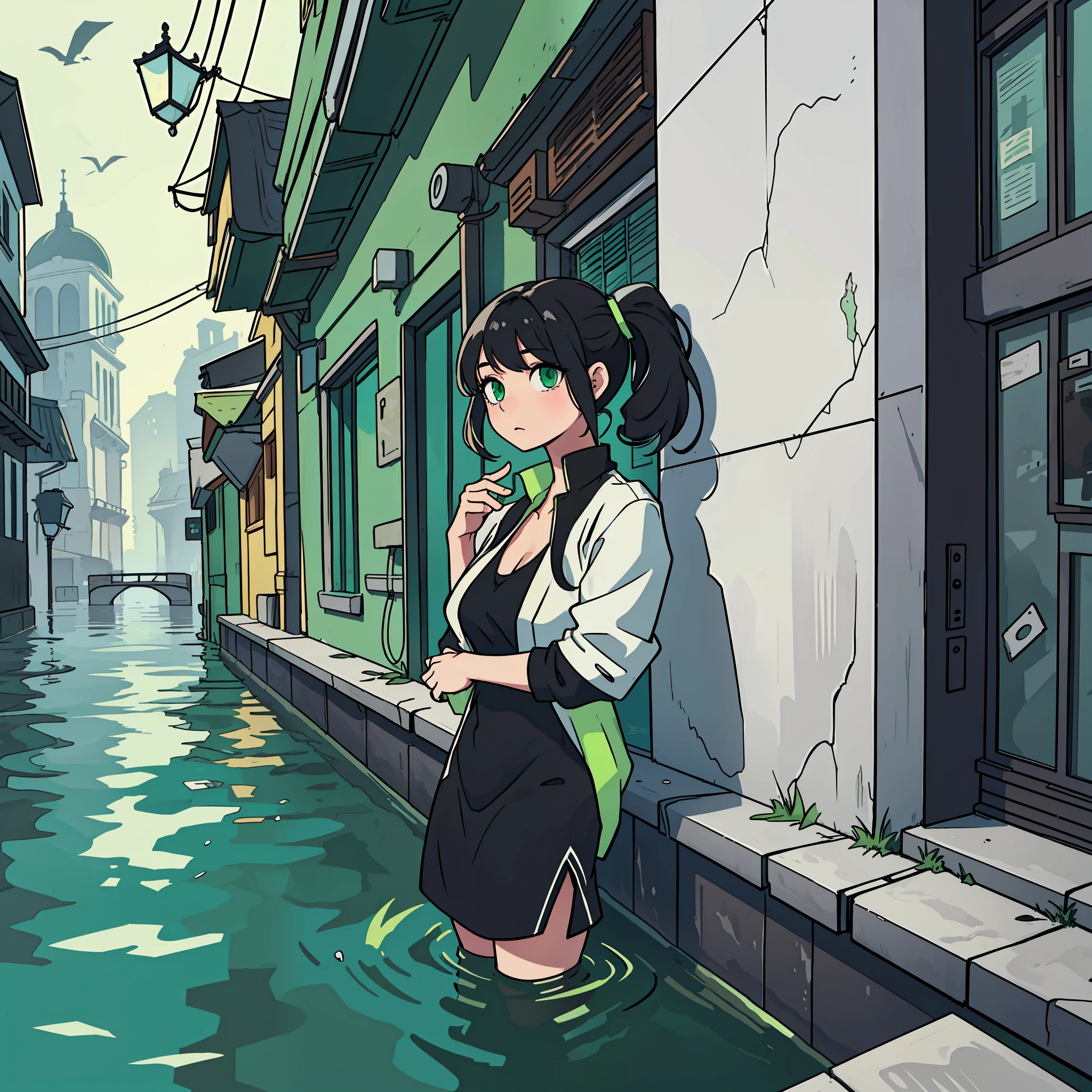 Draw a girl black hair with white locks,cute,green eyes, black clothes, full body, leaning on a wall, environment a flooded city,(ultrdetailed, masterpiece)