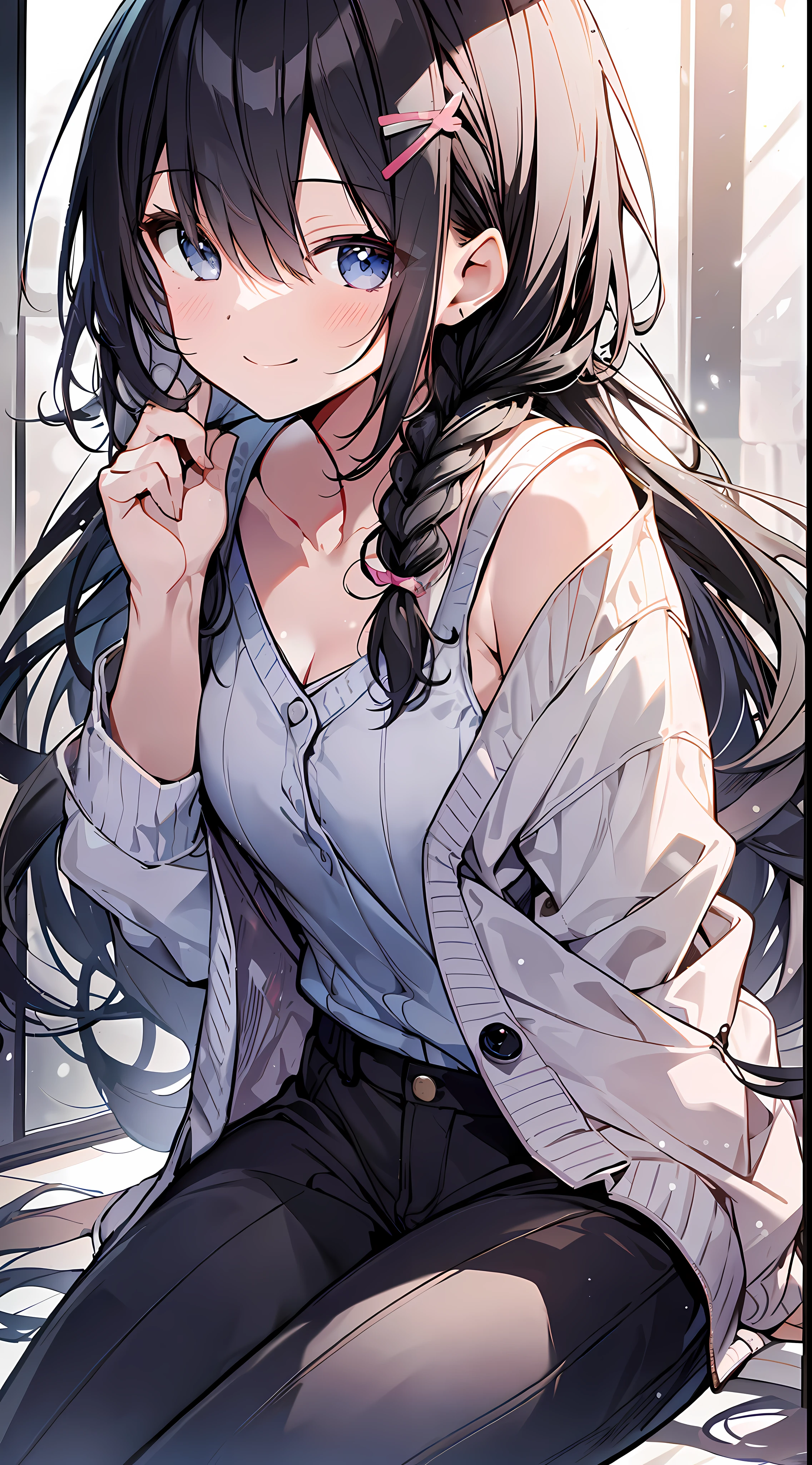(incredibly absurdres absolutely resolution: 1.5), highest quality, masterpiece, ultra high resolution, 8k, (pale colored cardigan, tech sneakers, pants), shojo manga style, loli, soft line drawing, digital enhancement, shojo manga touch, shojo manga core, (hair length to shoulder)))), ( Short braids))), soft drawing, beautiful black hair, clear eyes, ((smile, wink)), ultra-detailed digital anime art, clear face depiction, ultra-detailed shojo manga character art, clear facial features, manga style, top quality colors, angle that you can see to your feet, entangle, beautiful and aesthetic: 1.5, high quality:1.3