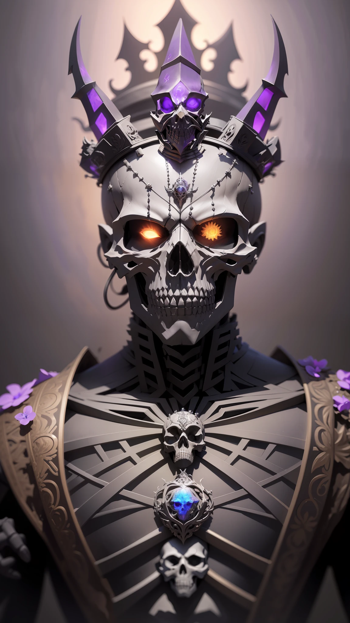 A skeletonized man, his skull is covered in dark stones, intricate sculpture, wearing a face mask, bright eye sockets, wearing a purple crown, masterpiece, best quality, intricate details, absurdities