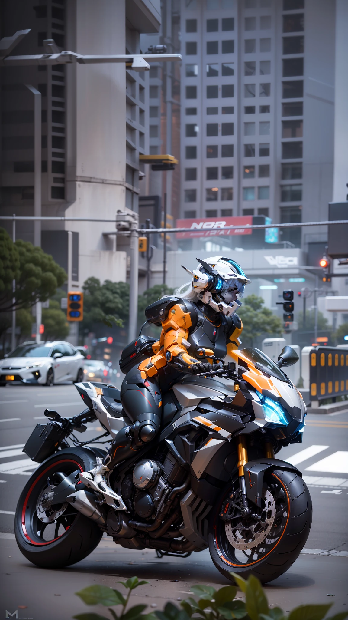 Beautiful full body mecha with short white hair Cyber Sailor and Cyber mechanical motorcycle, high-tech white full surround helmet, white long hair, Nousr, biomechanics, MSHN robot man, high-tech helmet, surreal, steel, intricate design, crazy details, fine details, extremely clear lines, cinematic lighting, photo realistic, detailed masterpiece